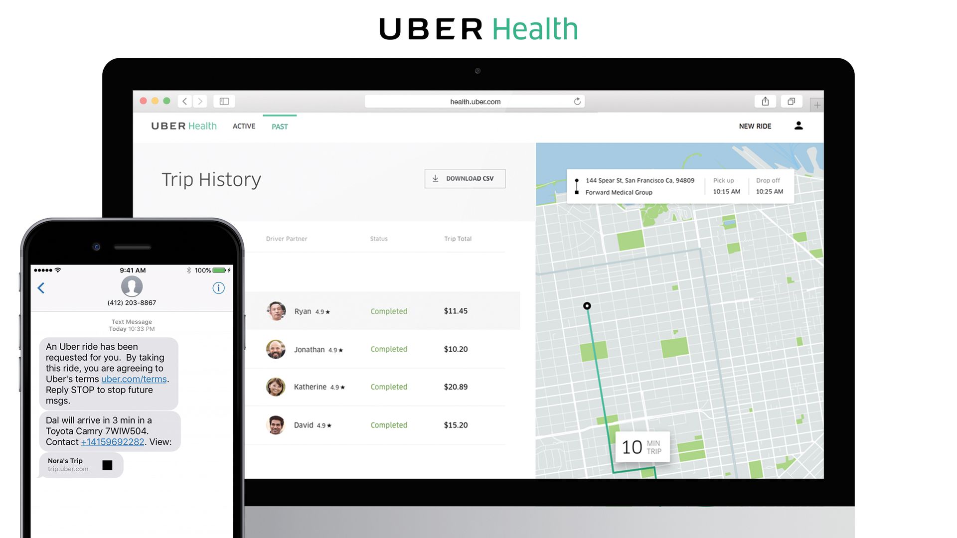 A computer screen and smartphone showing the Uber Health app.