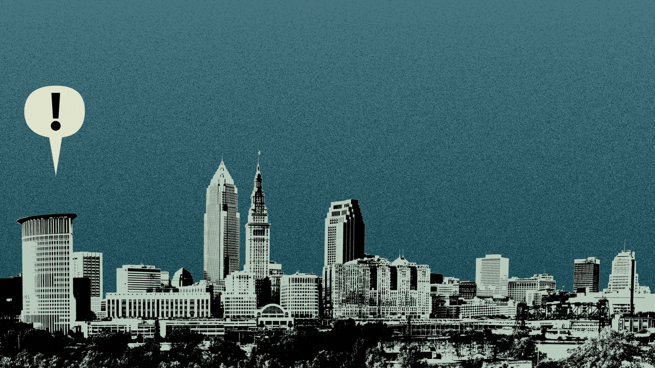 Illustration of the Cleveland skyline with word balloons with exclamation points in them popping up over it from left to right.
