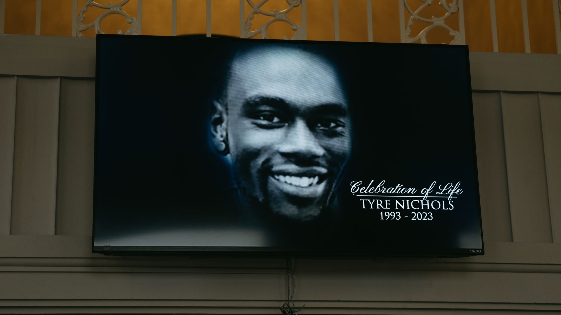 A screen at the entrance of Mississippi Boulevard Christian Church displays the celebration of life for Tyre Nichols on February 1, 2023 in Memphis, Tennessee.