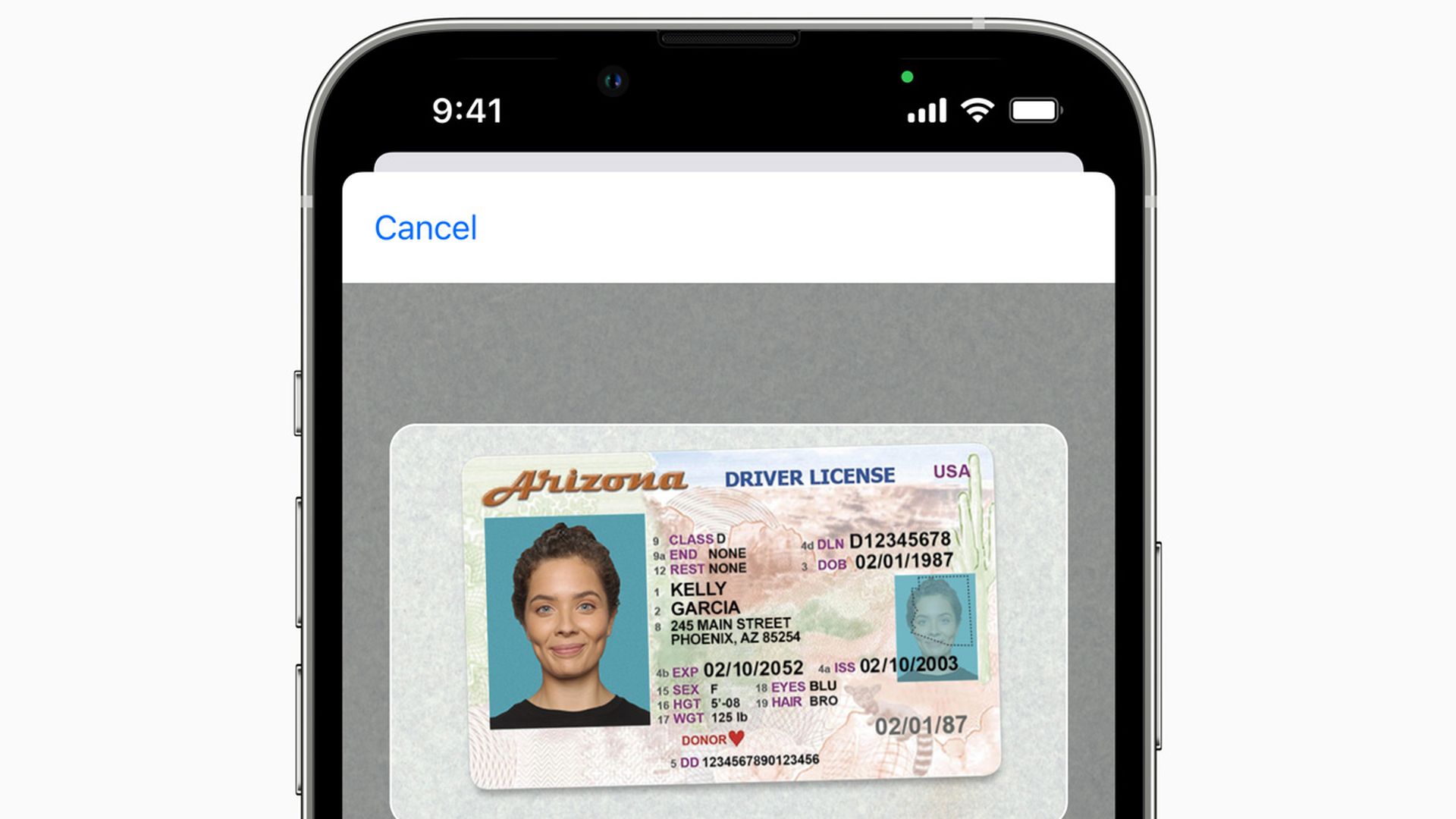 A screenshot of an iPhone being used to enroll an Arizona driver's license 