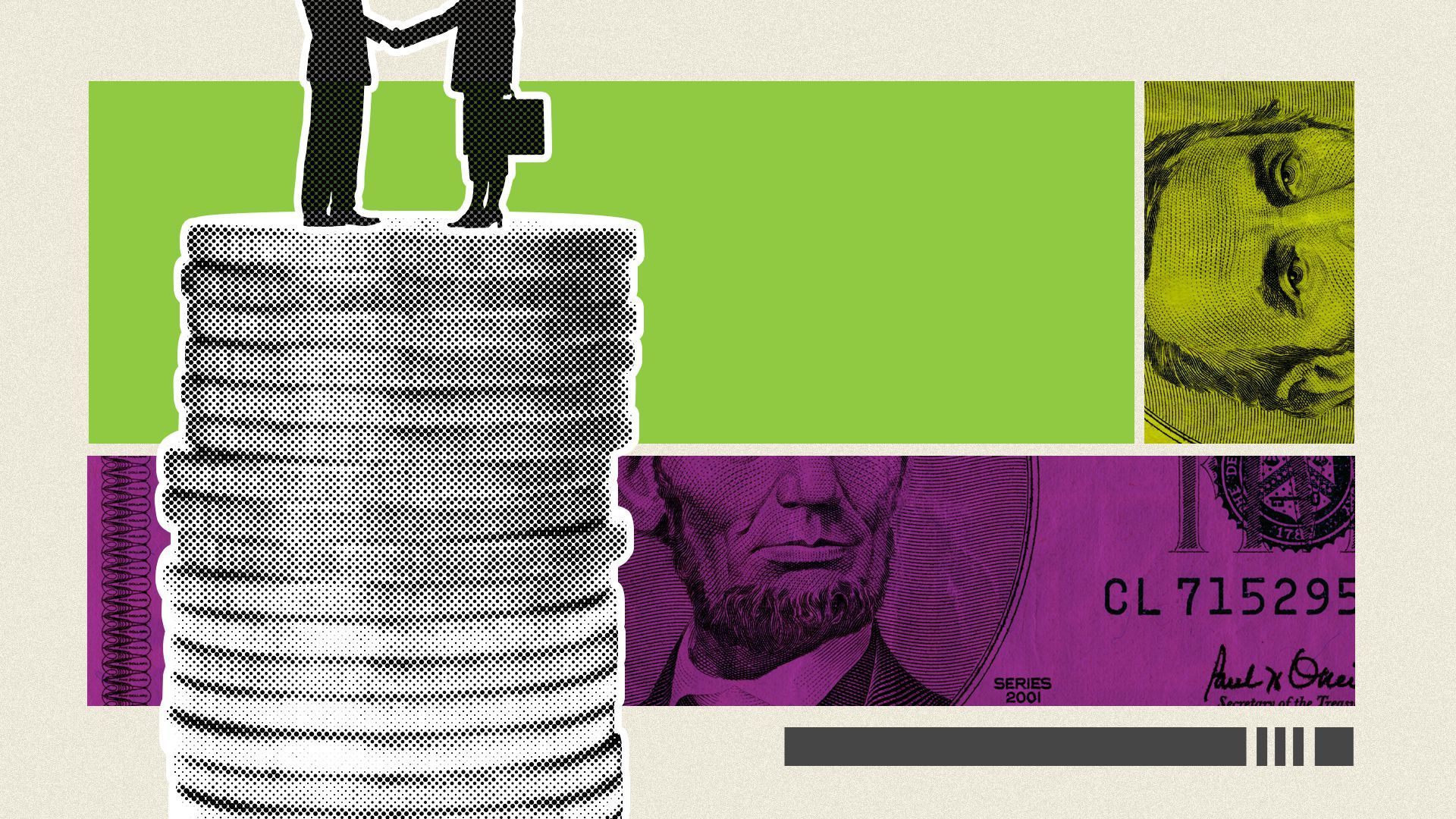 Illustration of business people shaking hands on top of a stack of coins. 