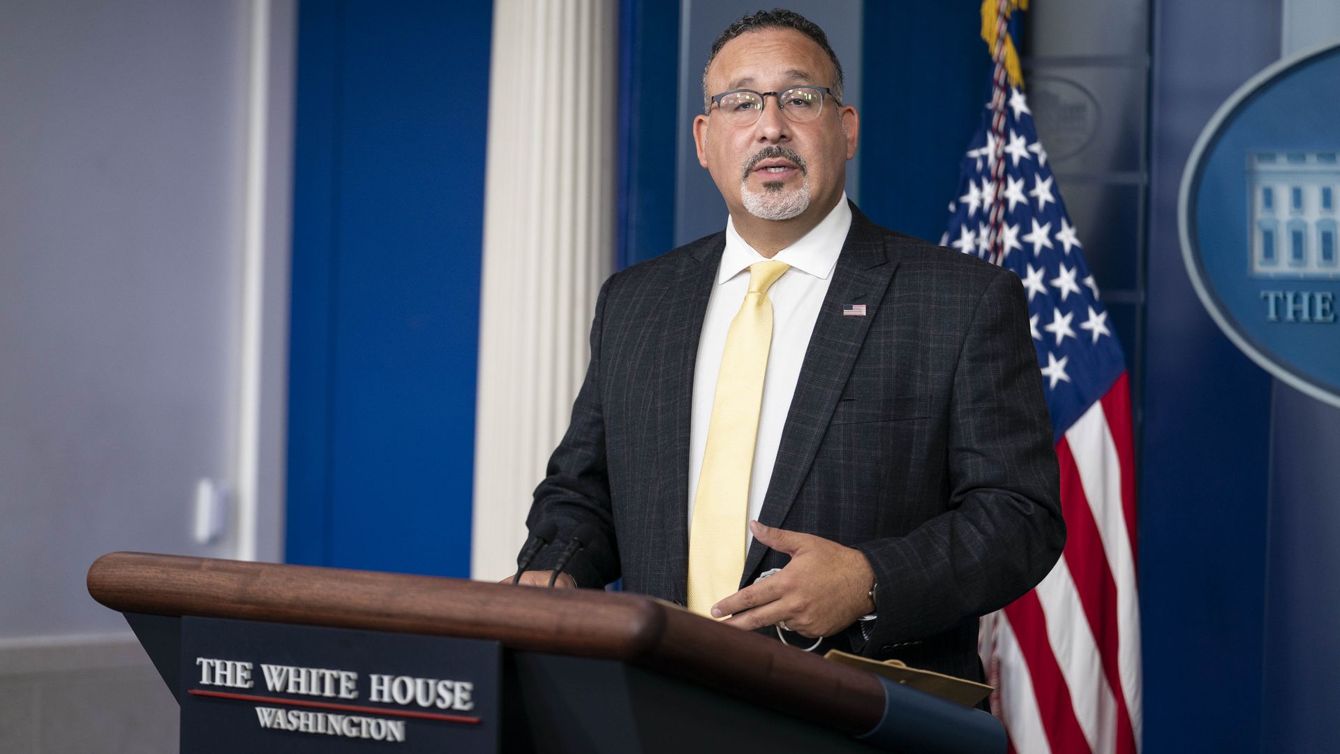 Miguel Cardona, U.S. secretary of education, speaks during a news conference in the James S. Brady Press Briefing Room at the White House in Washington, D.C., U.S., on Thursday, Aug. 5.