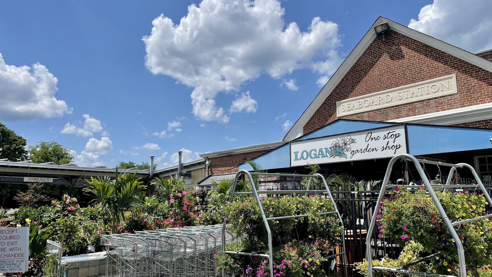 The old Seaboard Station train station, with plants in front for sale.