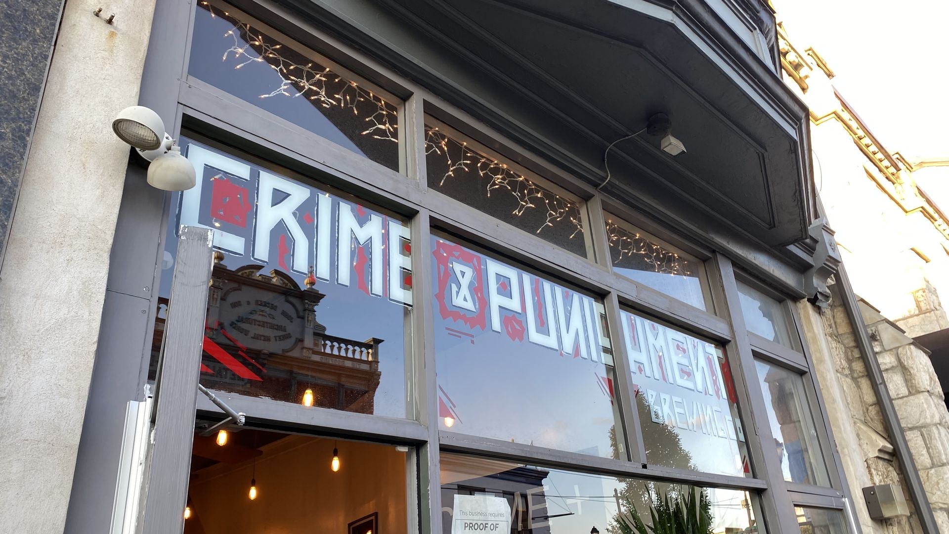The storefront of Crime and Punishment Brewing Co in the Brewerytown neighborhood of Philadelphia. Photo: Taylor Allen/Axios 