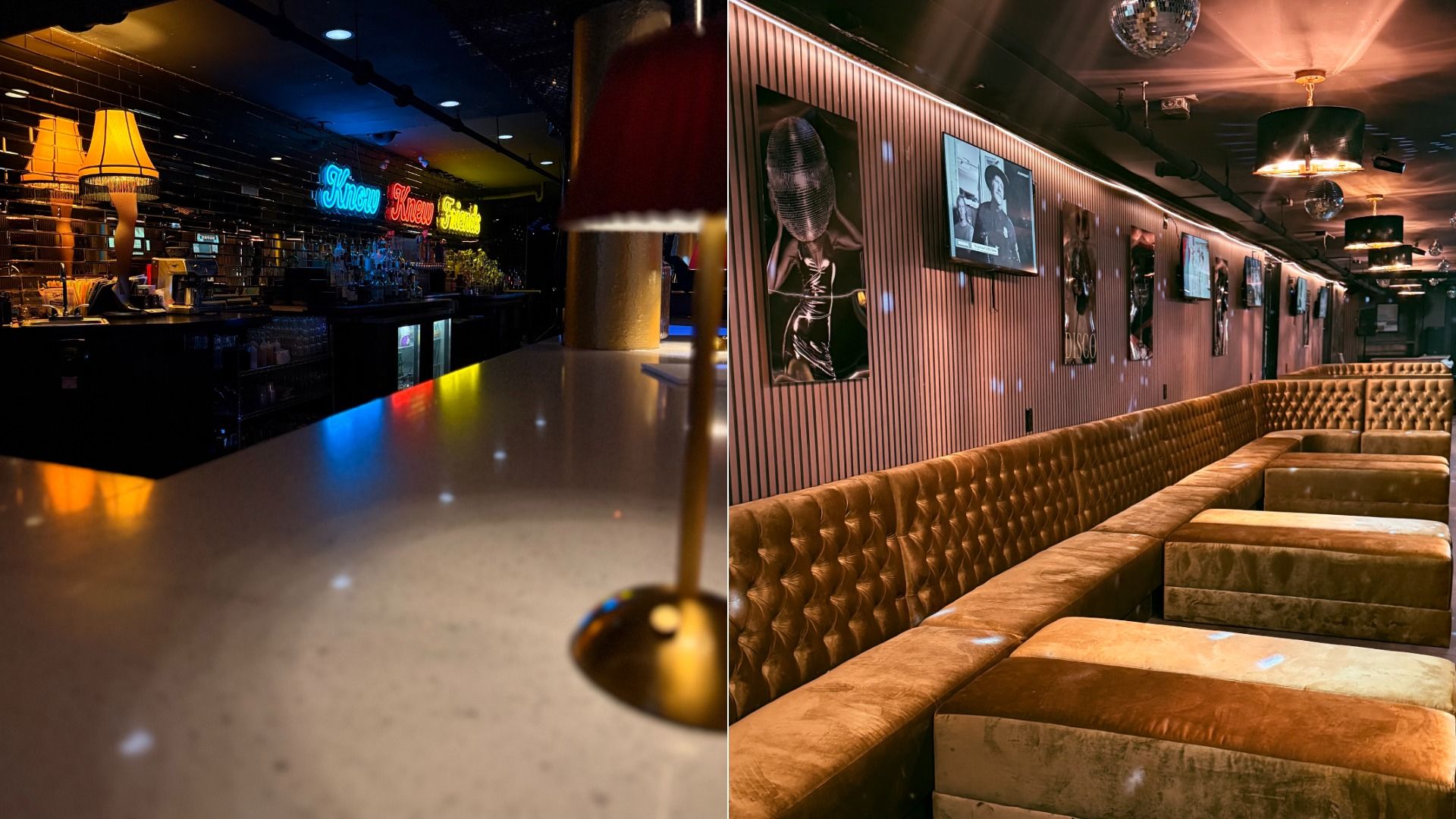 Dimly lit bar area with neon signs reading "Know Knew Friends" in blue, red, and yellow. Adjacent lounge with long, brown tufted sofas, disco balls, and retro posters on striped walls.