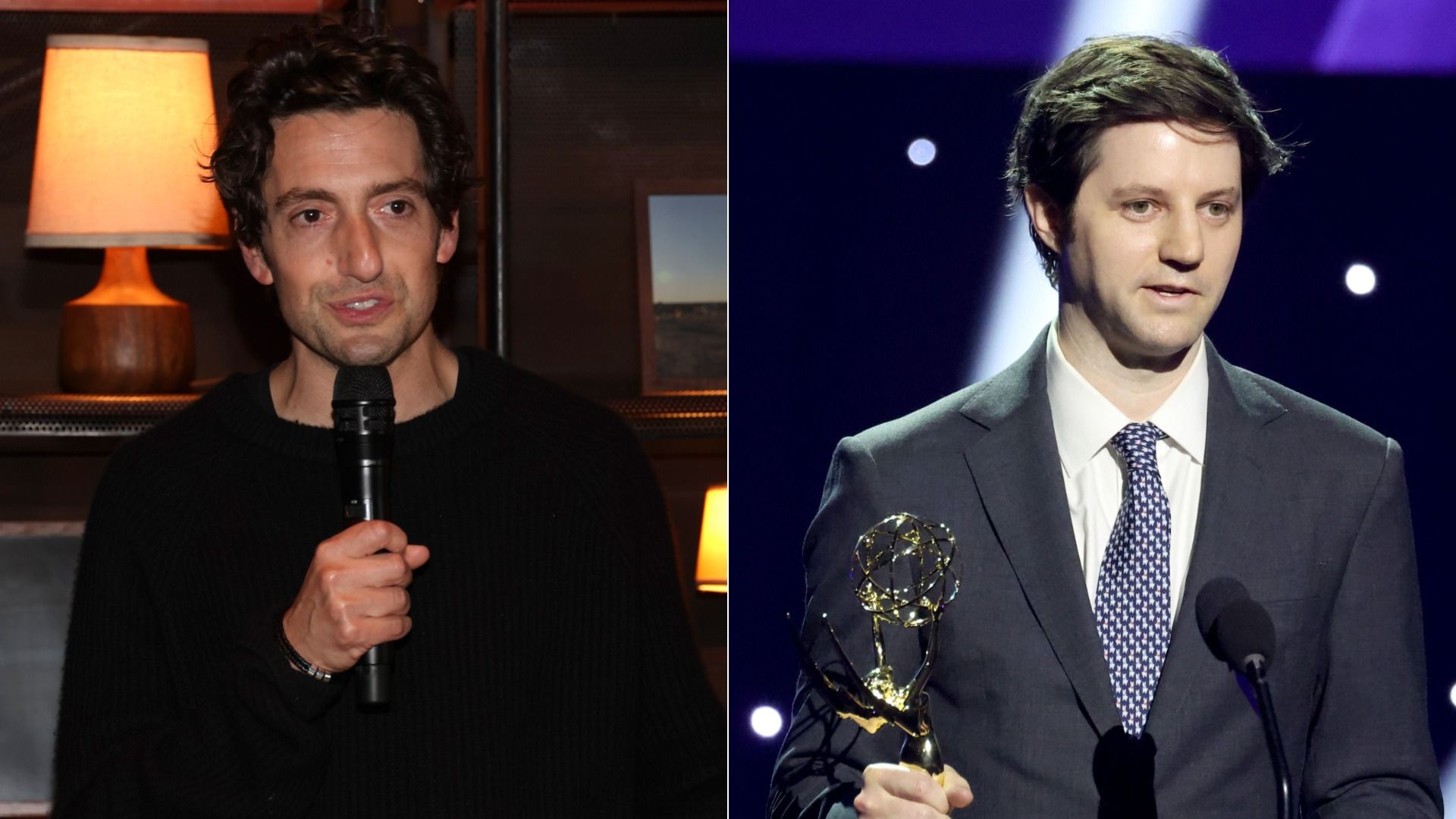 Left: Matthew Segal in a black sweater holding microphone indoors with lamp behind. Right: Jarrett Moreno in a gray suit holding Emmy award, standing at microphone on stage with dark background and light spots.
