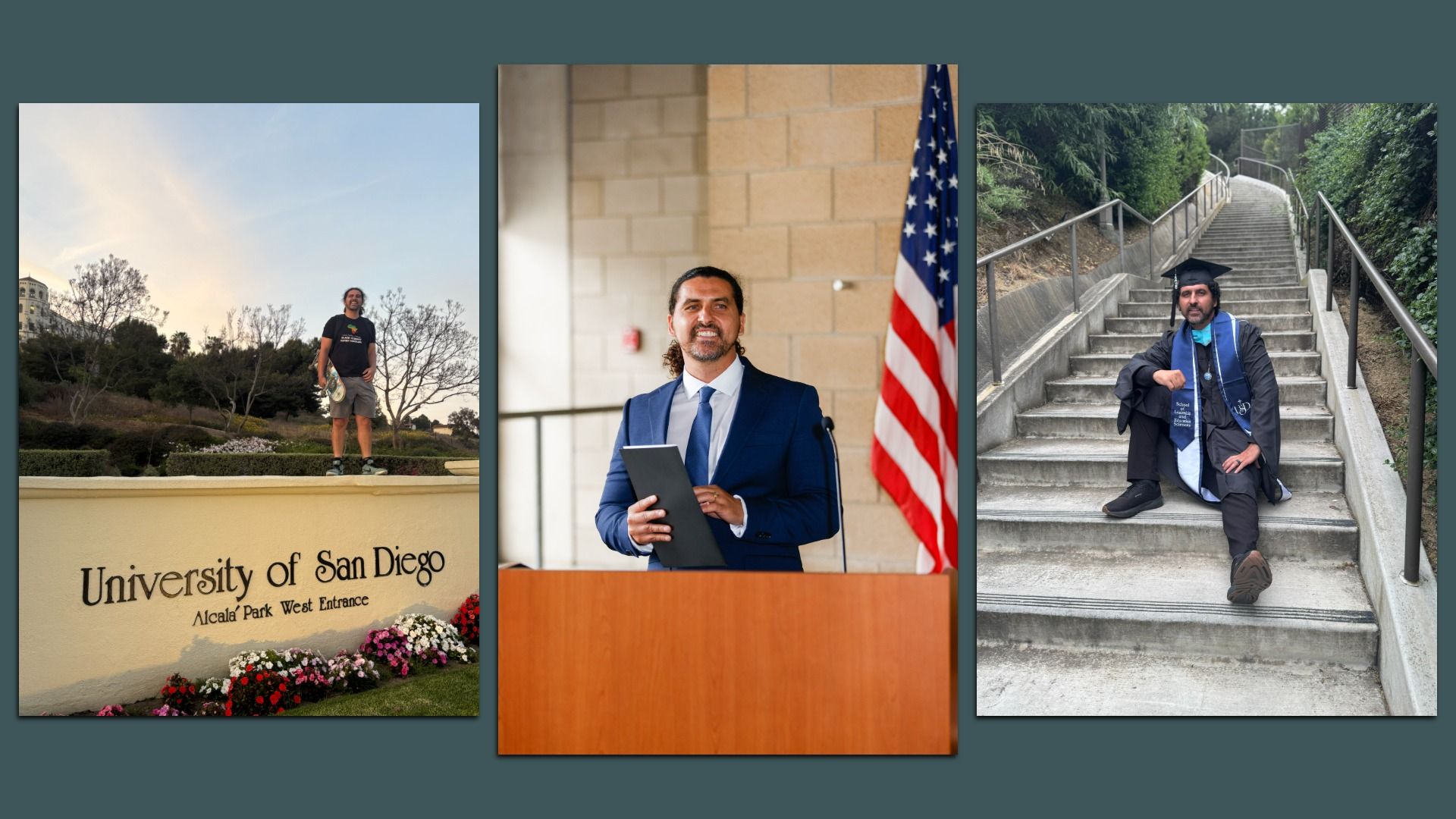 Three-panel collage: left man on a wall beside a University of San Diego sign; center man in a blue suit giving a speech with an American flag in the background; right graduate in cap and gown sitting on outdoor stairs.
