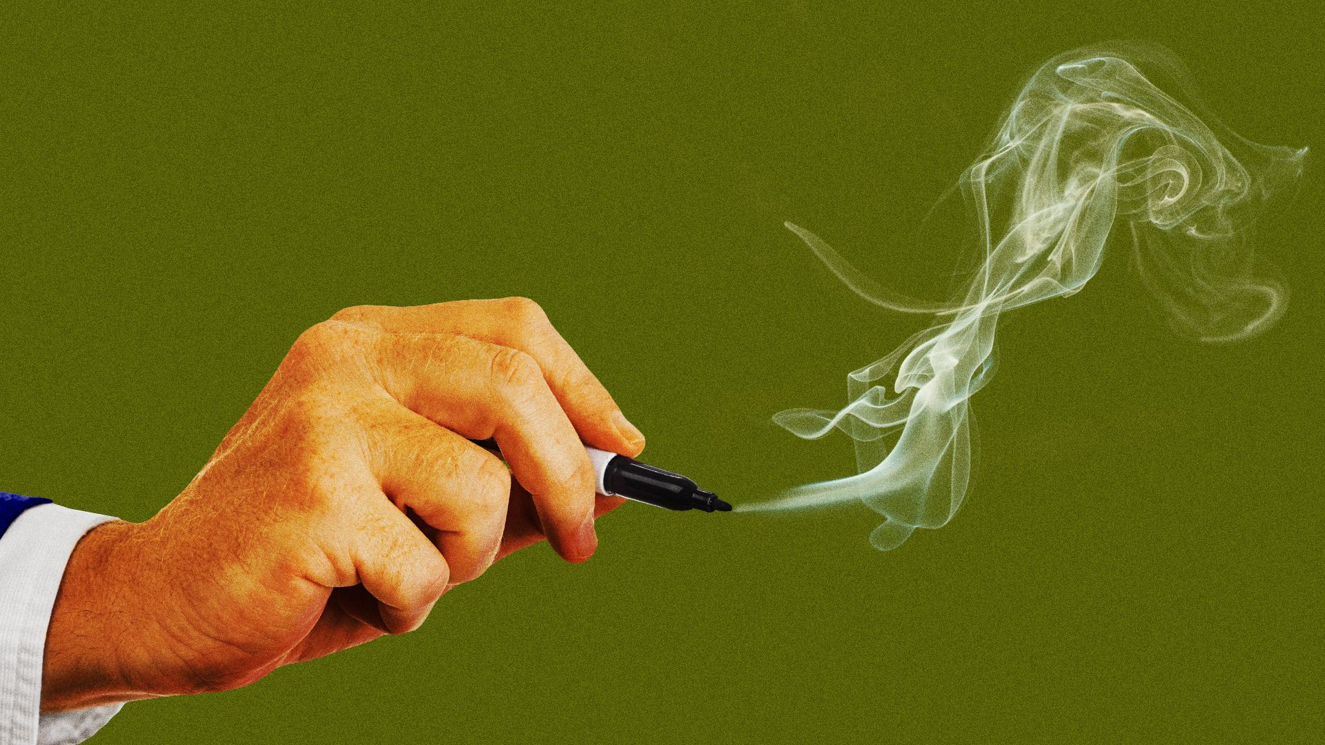 Illustration of a hand resembling Donald Trump holding a black pen emitting a swirl of white smoke against a solid olive green background.