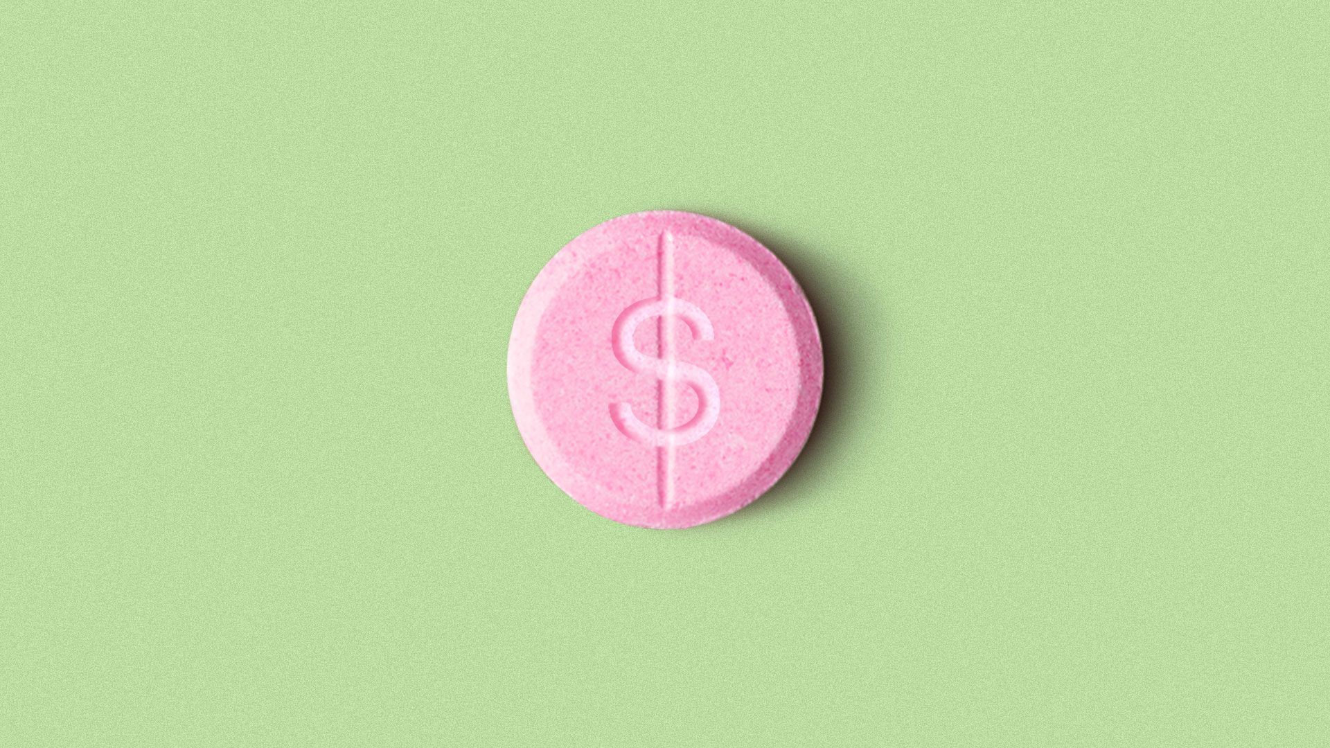 Illustration of a pill with the dividing line in the shape of a dollar bill sign.