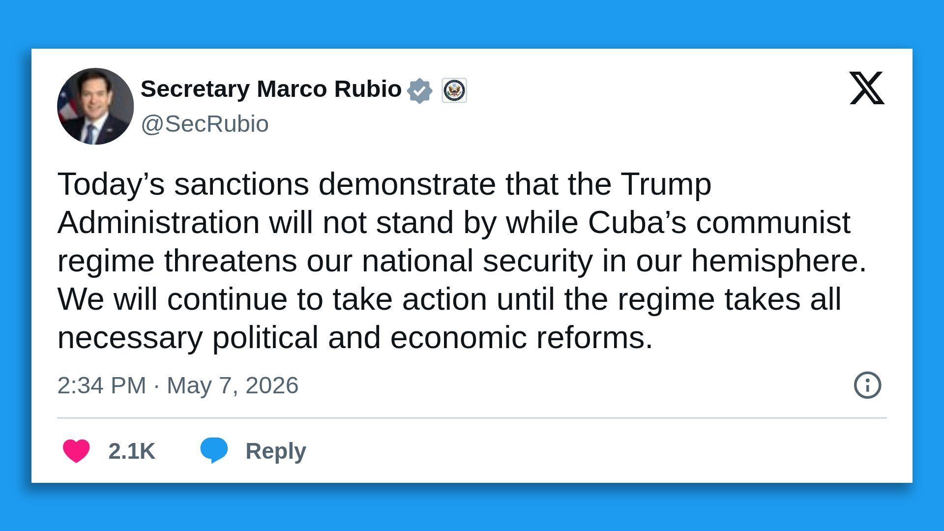 White card on a blue background showing a tweet about Cuba sanctions from a government official; round profile photo, verified badge, large text, timestamp 2:34 PM ยท May 7, 2026.
