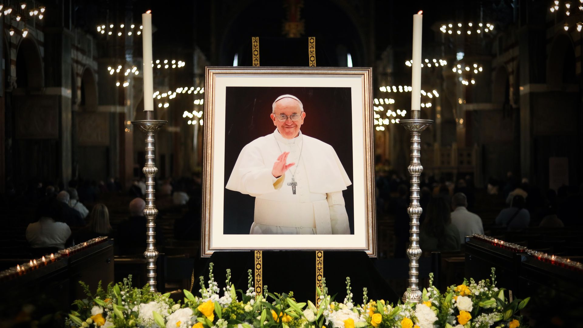 Westminster Cathedral marks the death of Pope Francis on April 21, 2025 in London, England. 