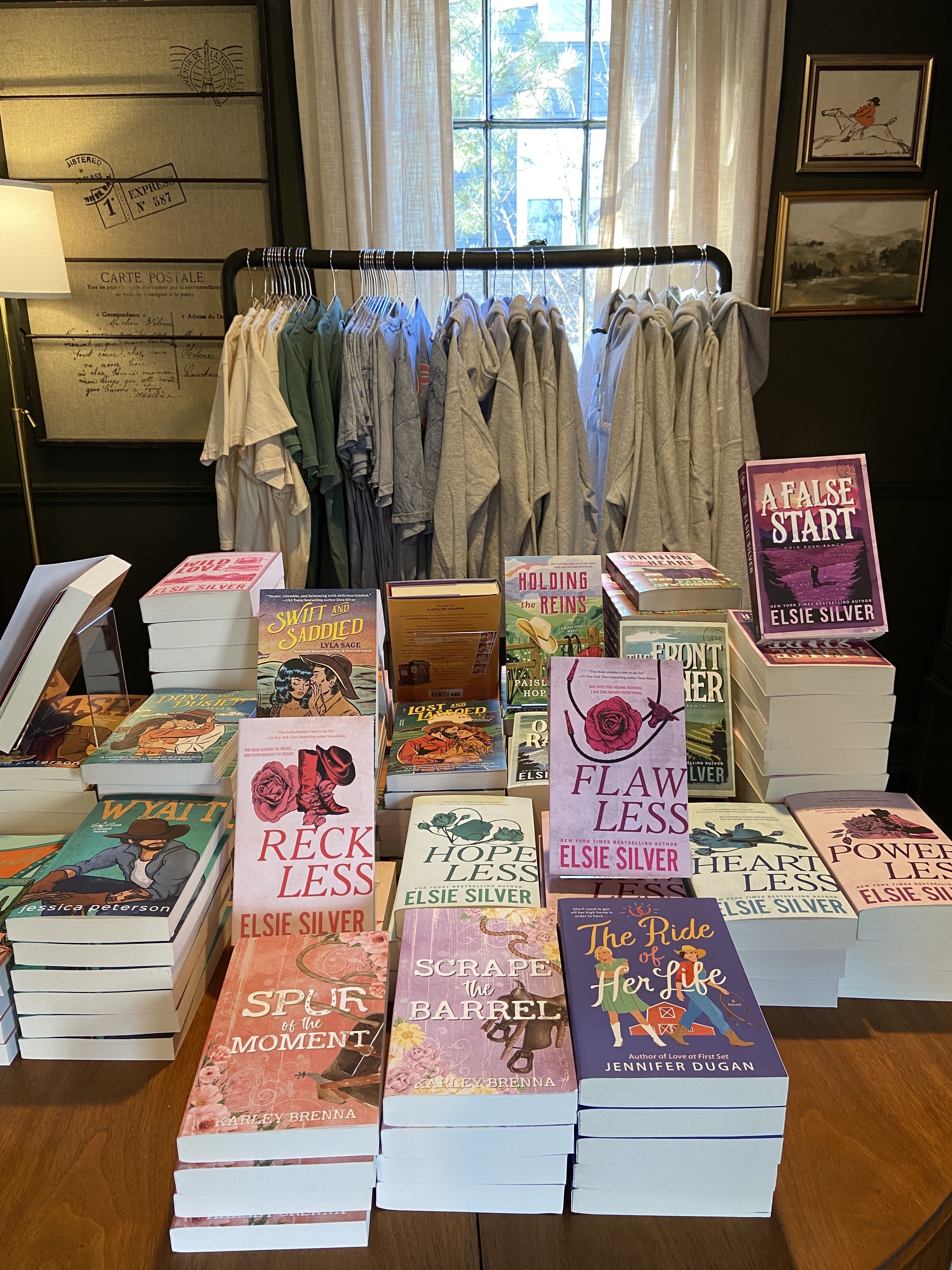 Books and shirts at Trope Bookshop.
