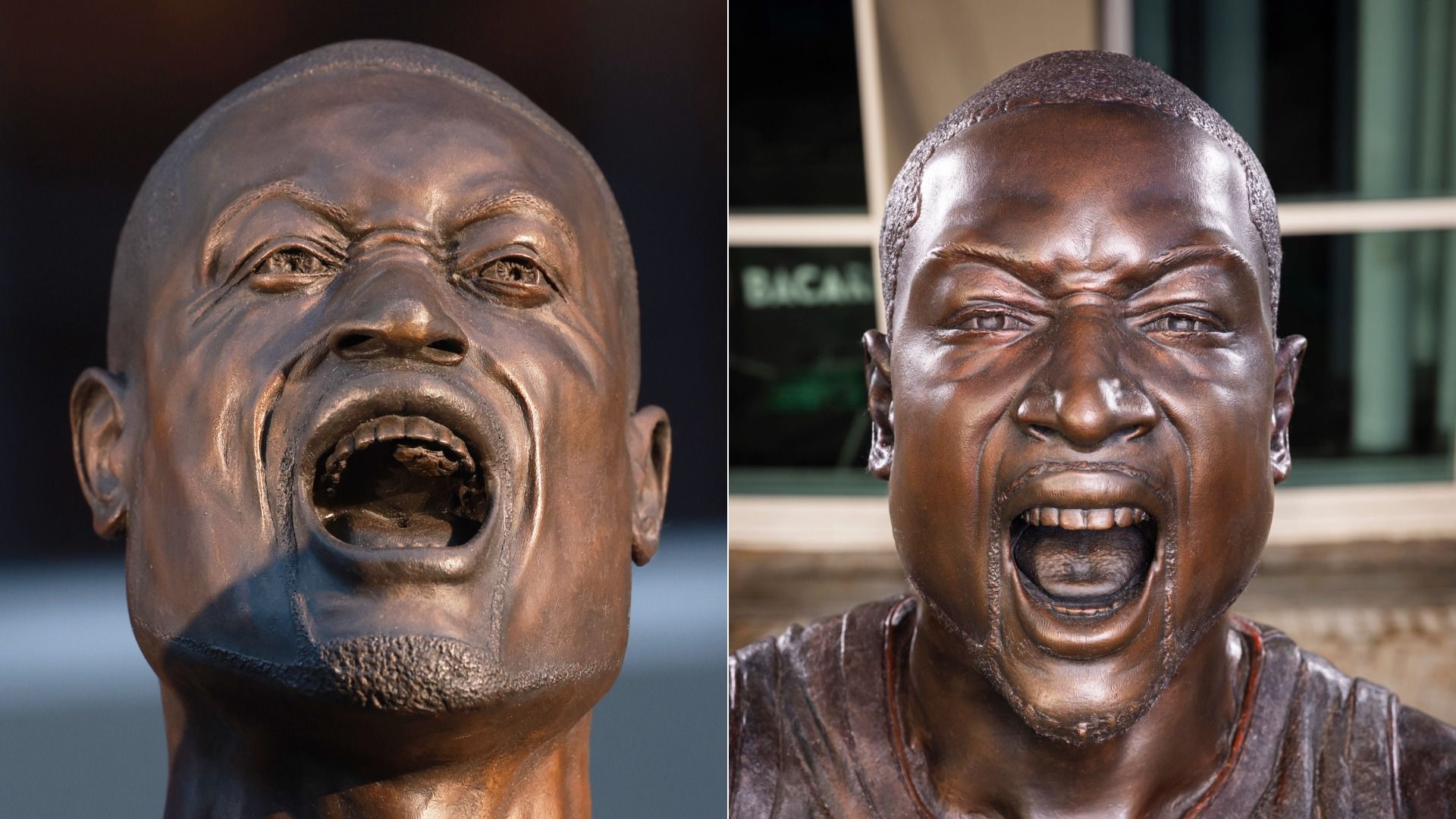 The original statue with a boxier face compared to the updated version, which is more hyperrealistic.