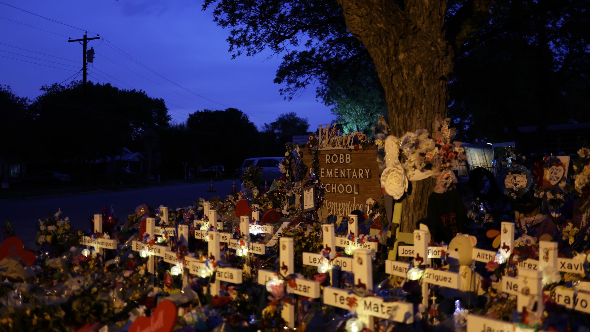 memorial dedicated to the victims of the mass shooting at Robb Elementary School on June 3, 2022 in Uvalde, Texas