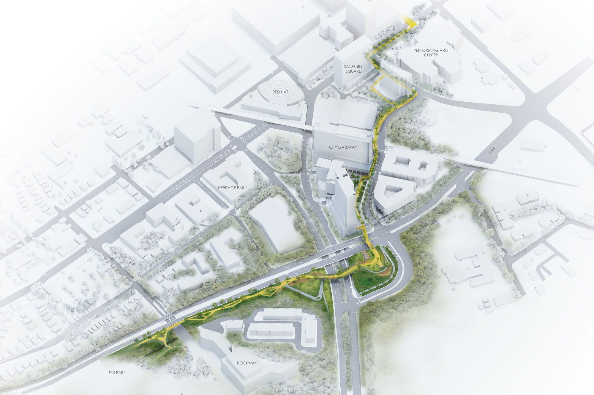 White isometric city plan with roads and buildings; a bright yellow path weaves through labeled areas: Red Hat, Salisbury Square, Performing Arts Center, City Gateway, Heritage Park, and Rockway.