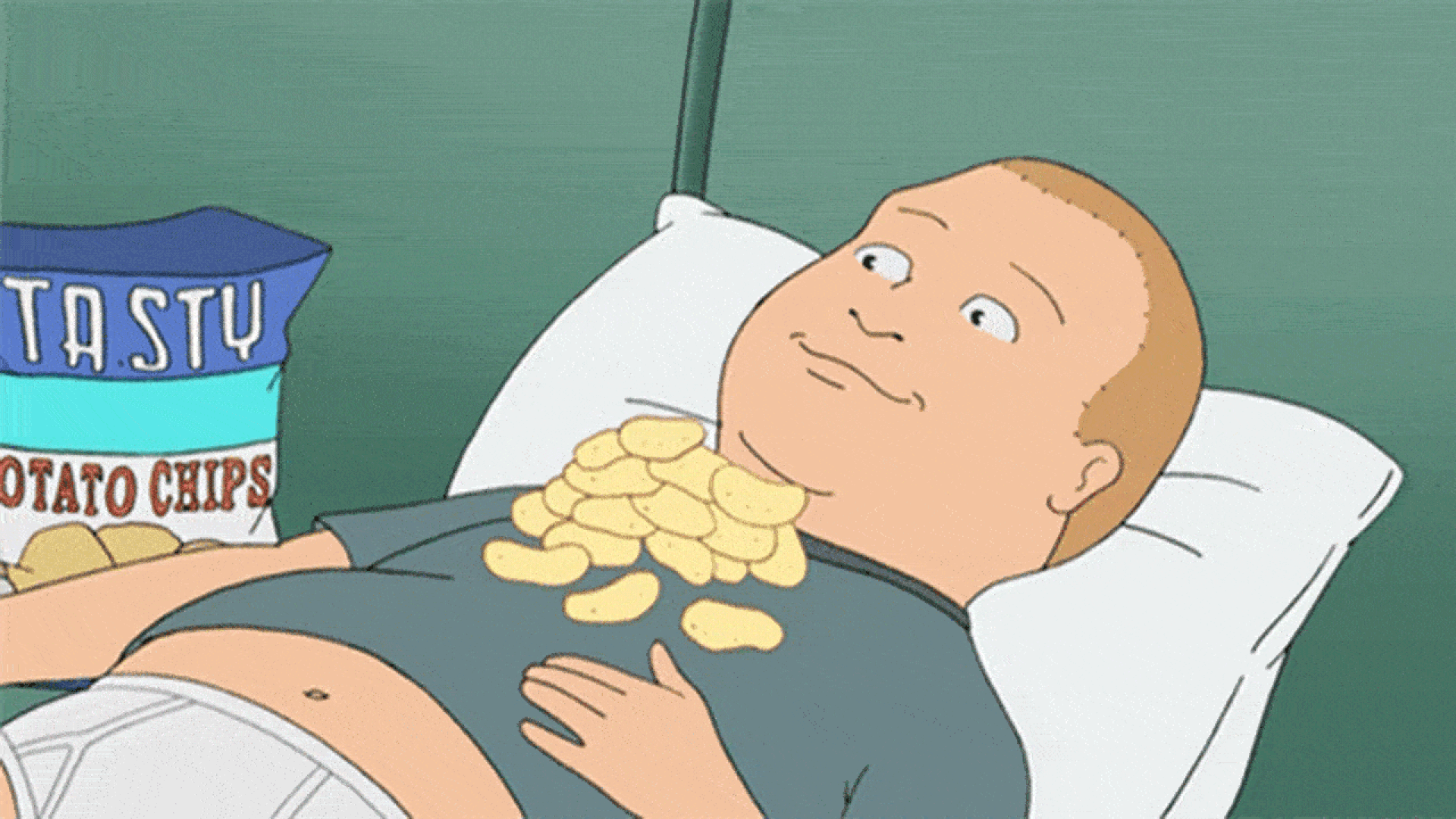 Animated GIF of Bobby Hill from King of the Hill eating chips. 