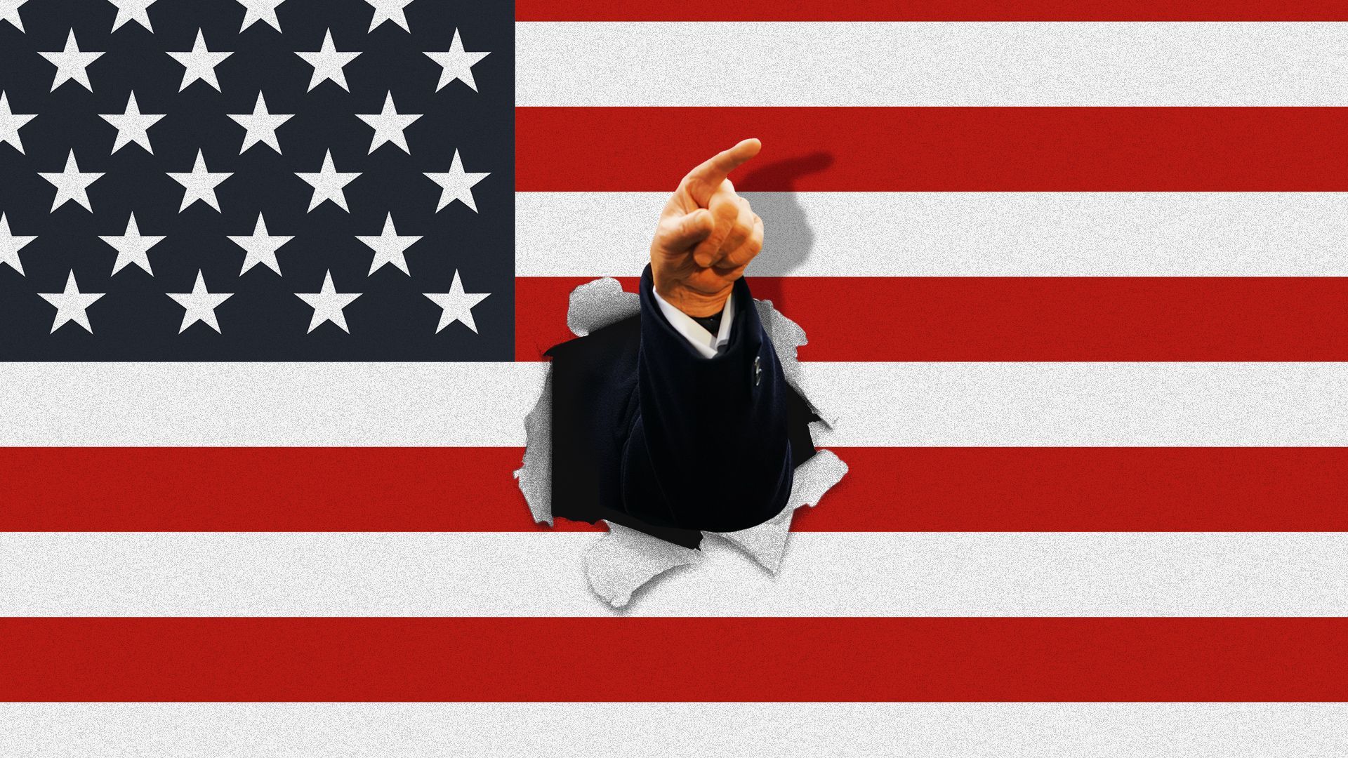 Photo illustration of President Trump's finger pointing and breaking a hole through the American flag.