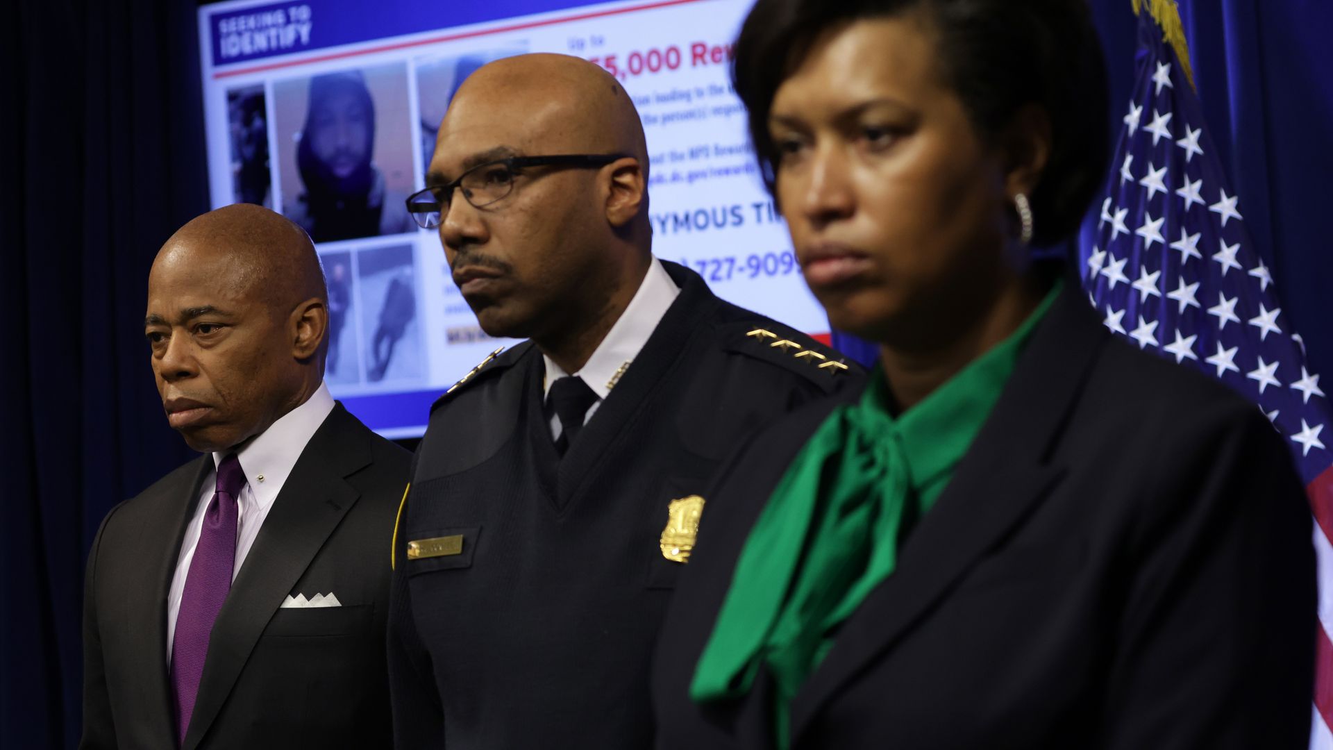 From left to right, New York City Mayor Eric Adams, D.C. police chief Robert Contee, and D.C. Mayor Muriel Bowser