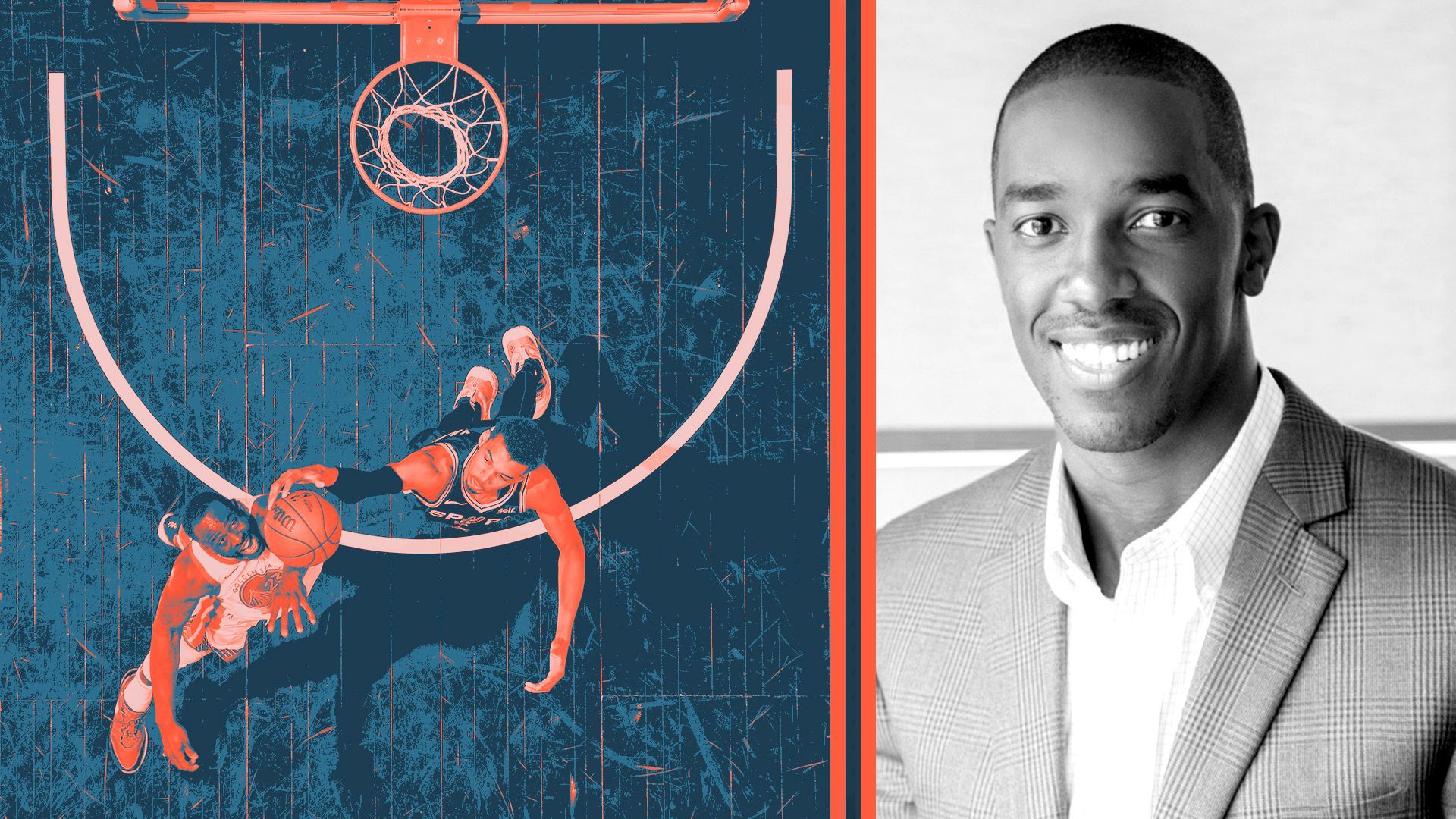 Photo illustration of Brandon James next to an overhead photo of Victor Wembanyama blocking Draymond Green's shot.