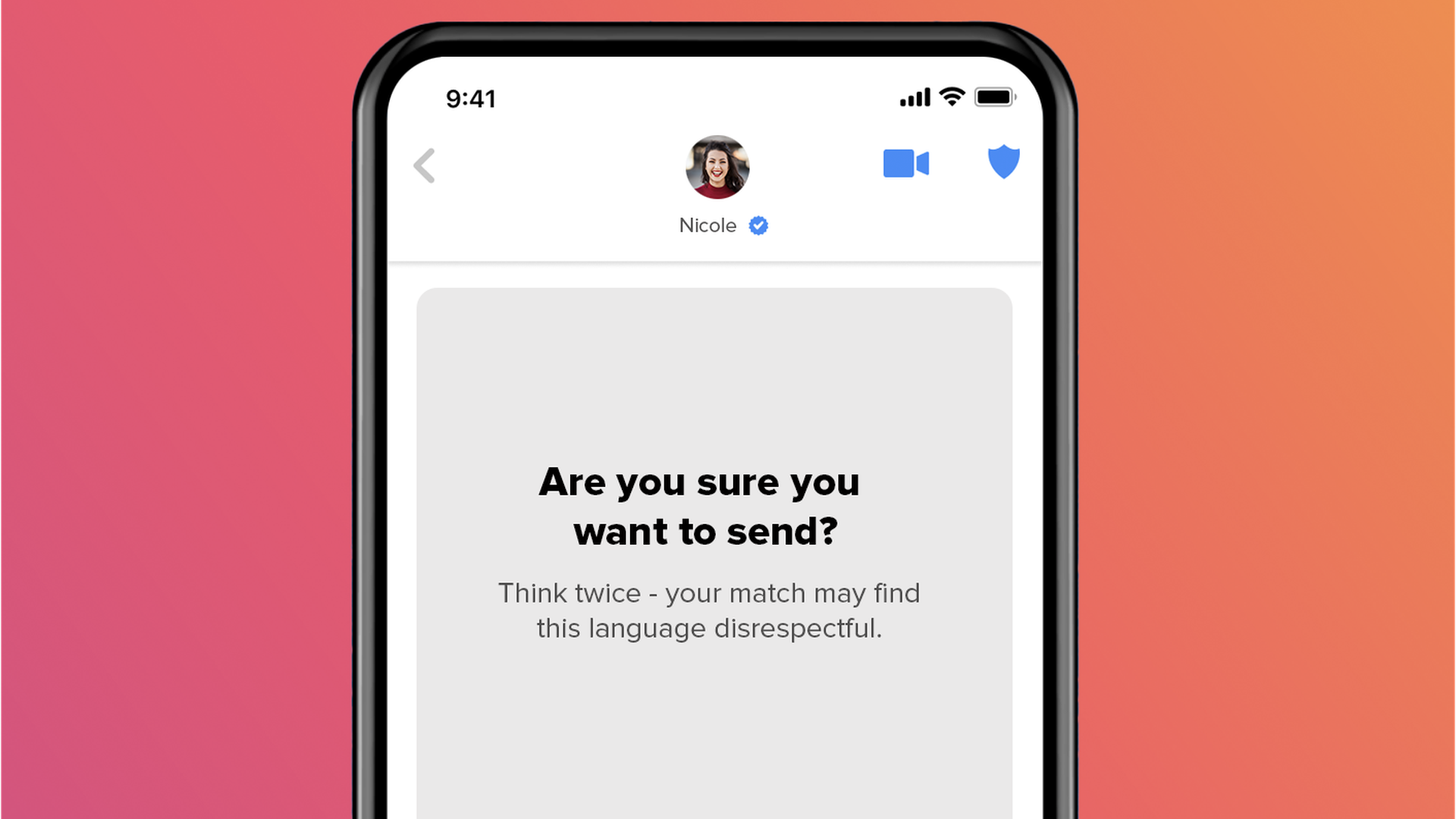 A mock=up of a new Tinder screen asking users if they are sure they want to post something that has been flagged by Tinder's AI as potentially offensive.