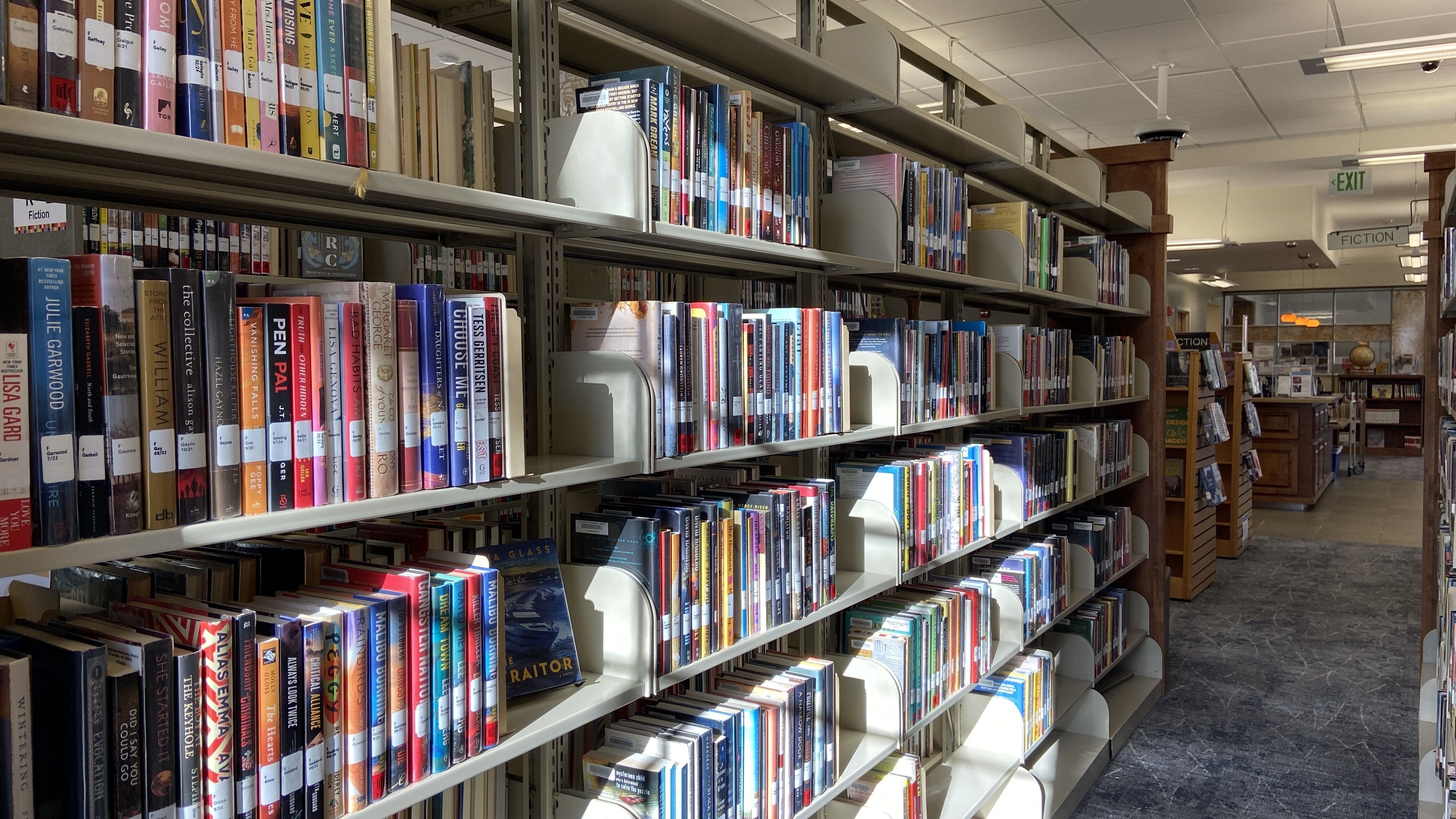 Books line shelves as sunlight pours though a window at Myers Park Library. 