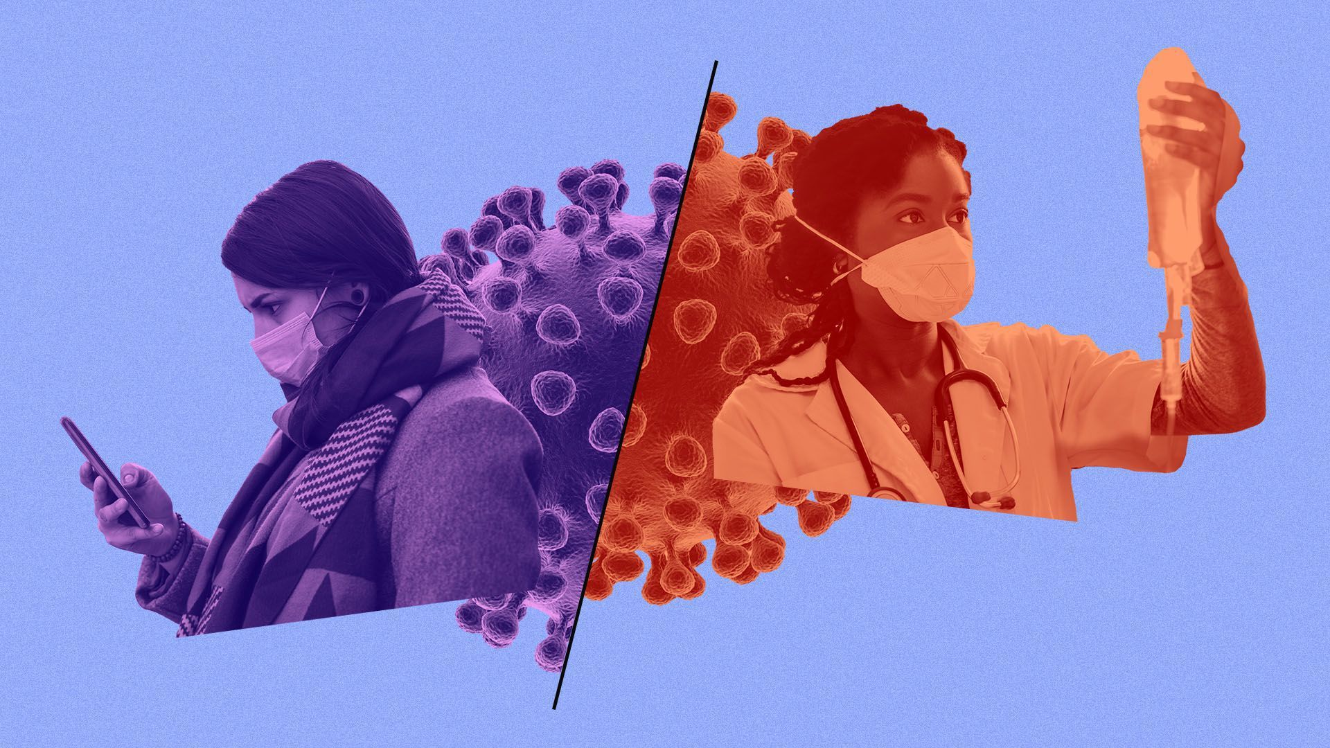 An illustration of a woman wearing a mask and using a smartphone and a health care worker as well as an image of the coronavirus