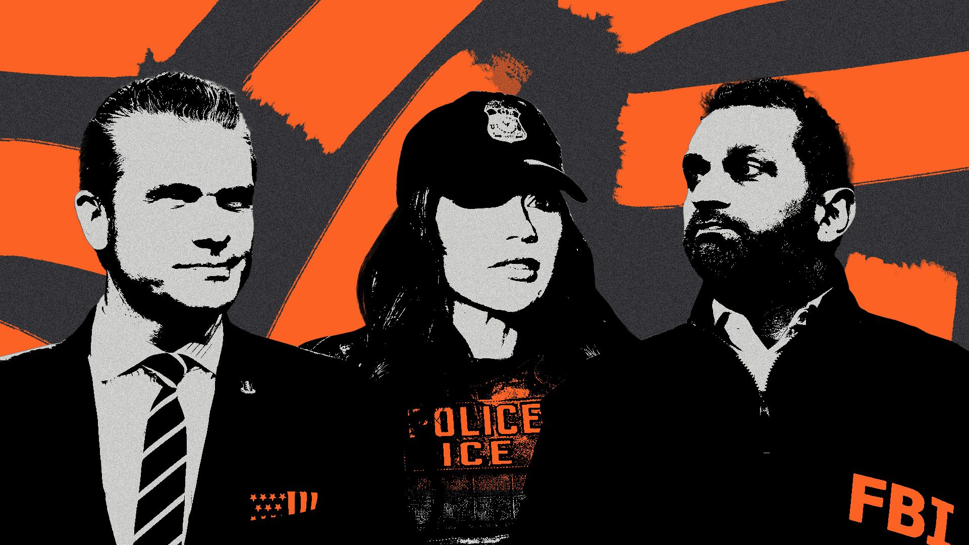 Photo illustration of Kristi Noem, Kash Patel and Pete Hegseth surrounded by abstract strokes of paint and texture. 