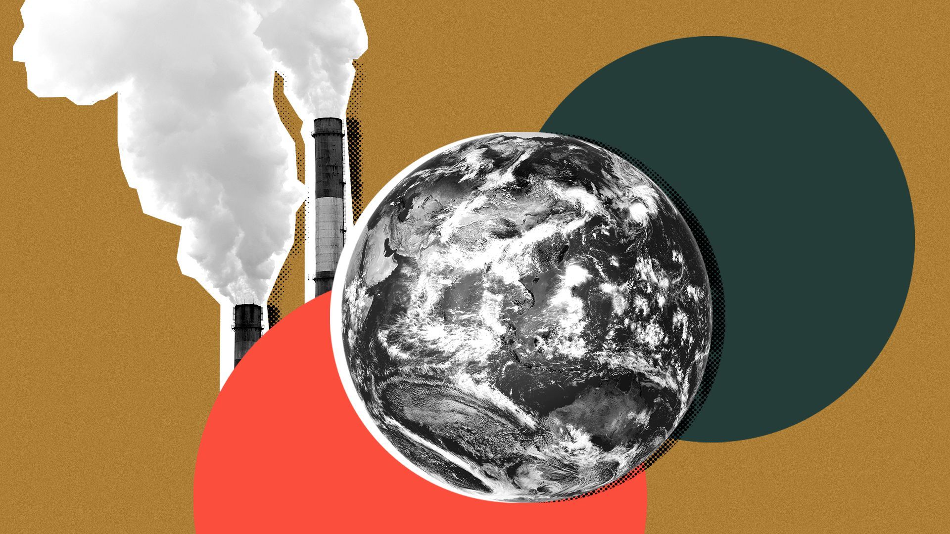 Illustration of a collage with images of the earth and industrial chimneys