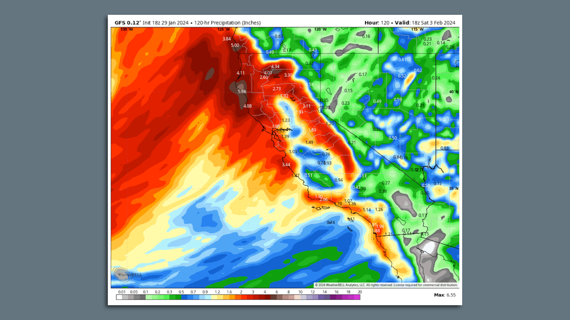 Map showing precipitation totals during the next week in California and nearby states. 