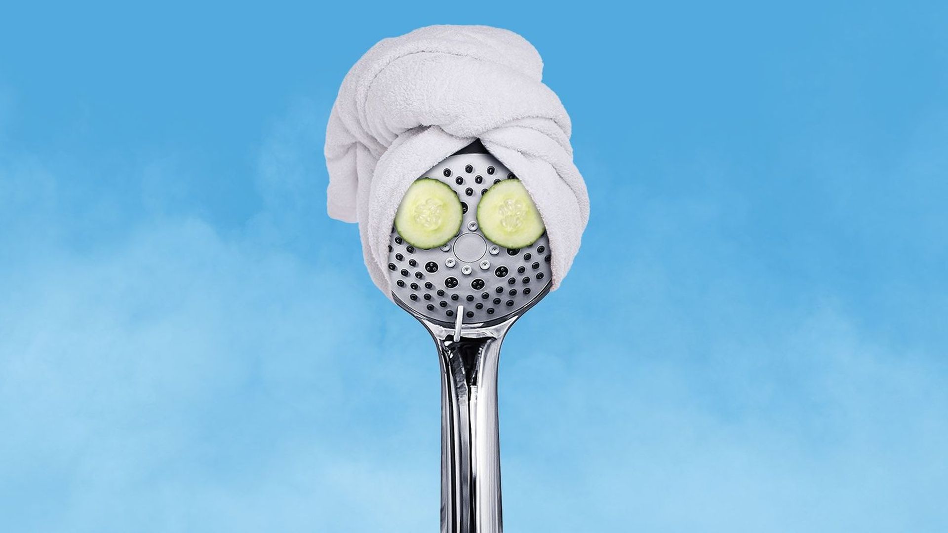 An illustration showing a shower head that looks like the head of someone getting out of a shower. Eyes are cucumbers and there's a towel wrapped around the head.