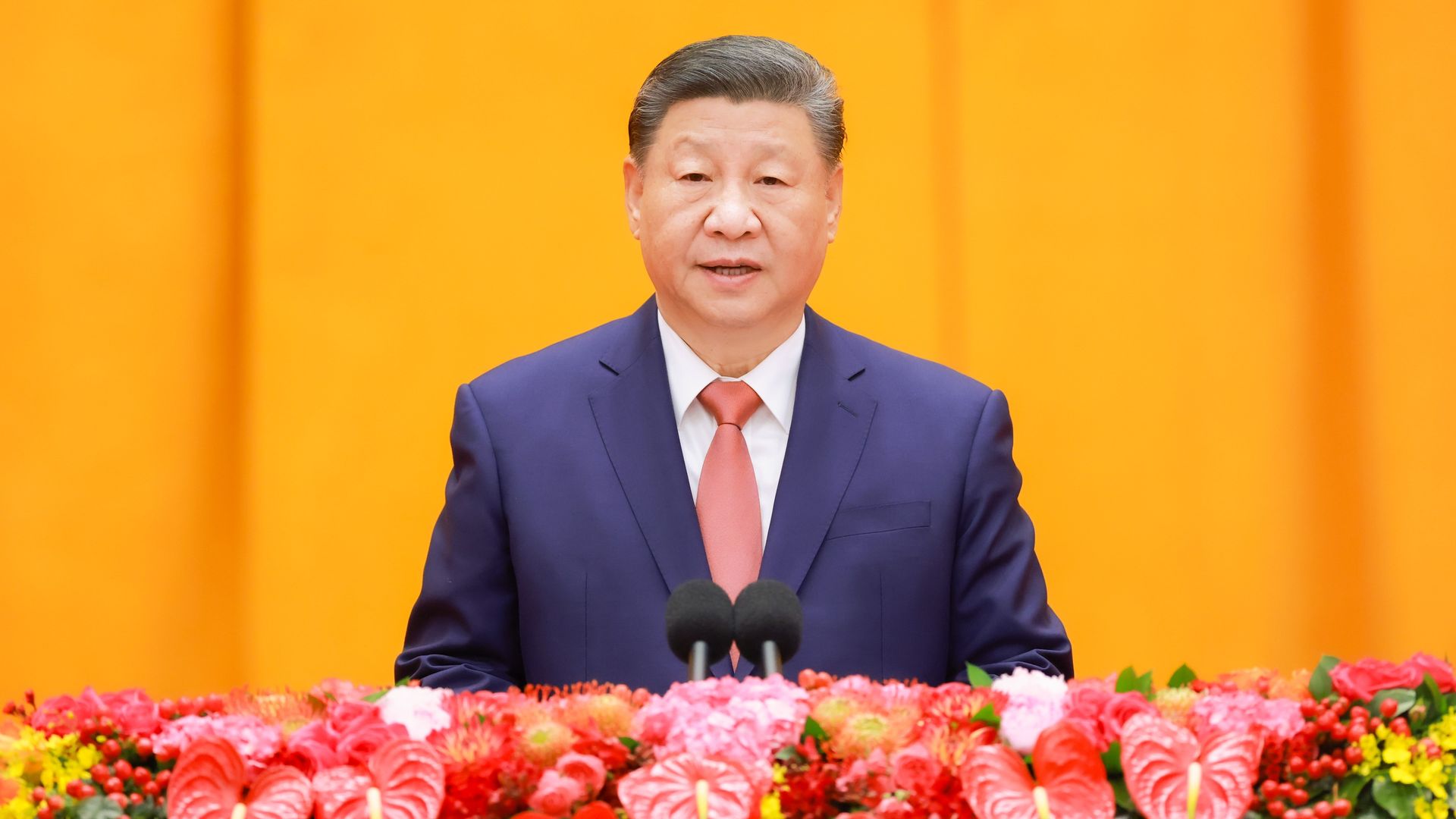  Chinese President Xi Jinping, also general secretary of the Communist Party of China CPC Central Committee and chairman of the Central Military Commission, delivers a speech at a high-level reception to ring in the Chinese New Year at the Great Hall of the People in Beijing, capital of China.