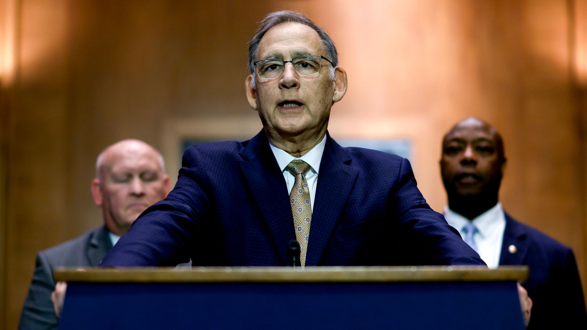 Representative Glenn Thompson, a Republican from Pennsylvania, from left, Senator John Boozman, a Republican from Arkansas, and Senator Tim Scott, a Republican from South Carolina, during a news conference on Capitol Hill in Washington, DC, US, on Tuesday, Feb. 4, 2025.