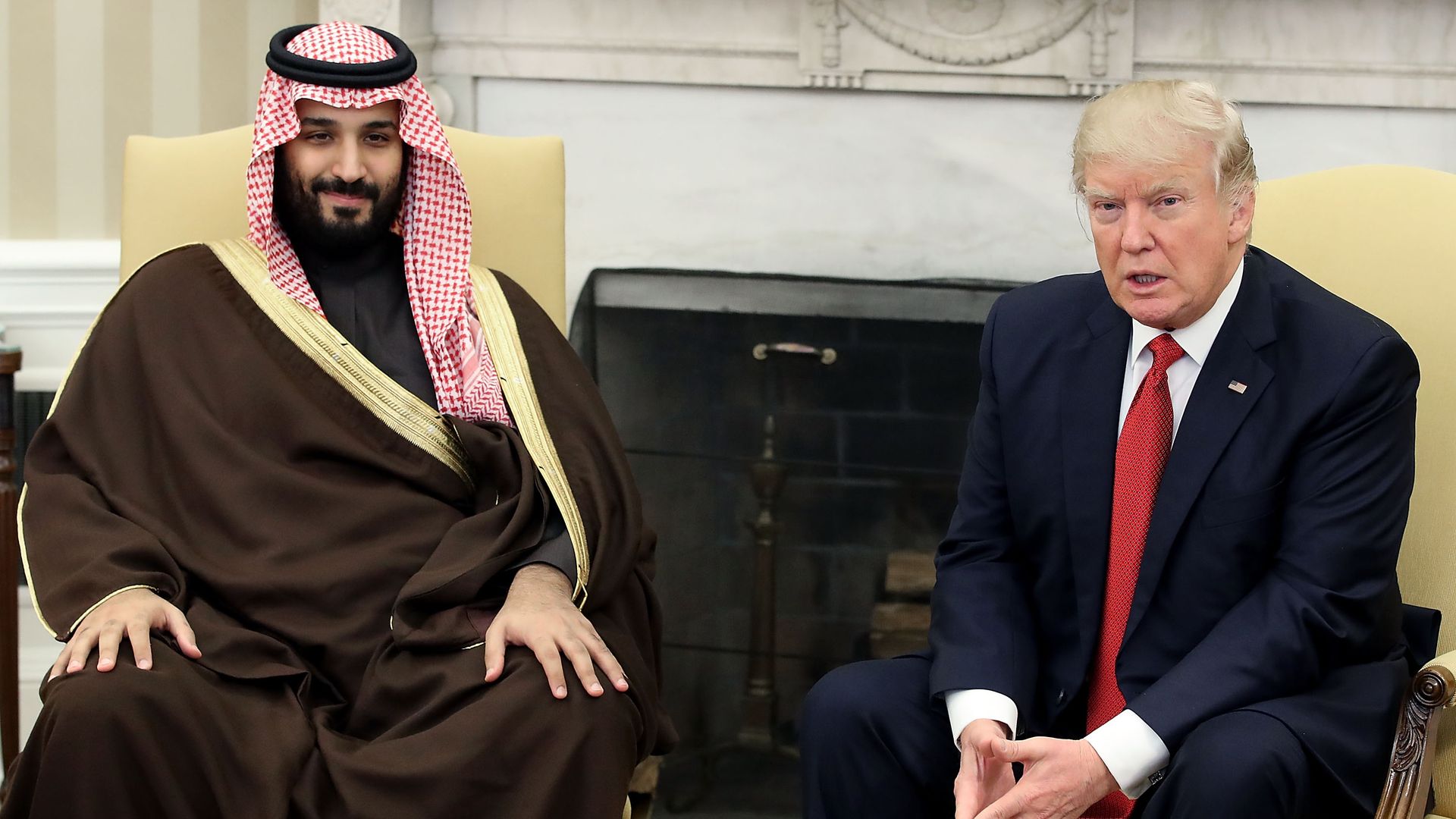 President Donald Trump (R) meets with Mohammed bin Salman, Deputy Crown Prince and Minister of Defense of the Kingdom of Saudi Arabia