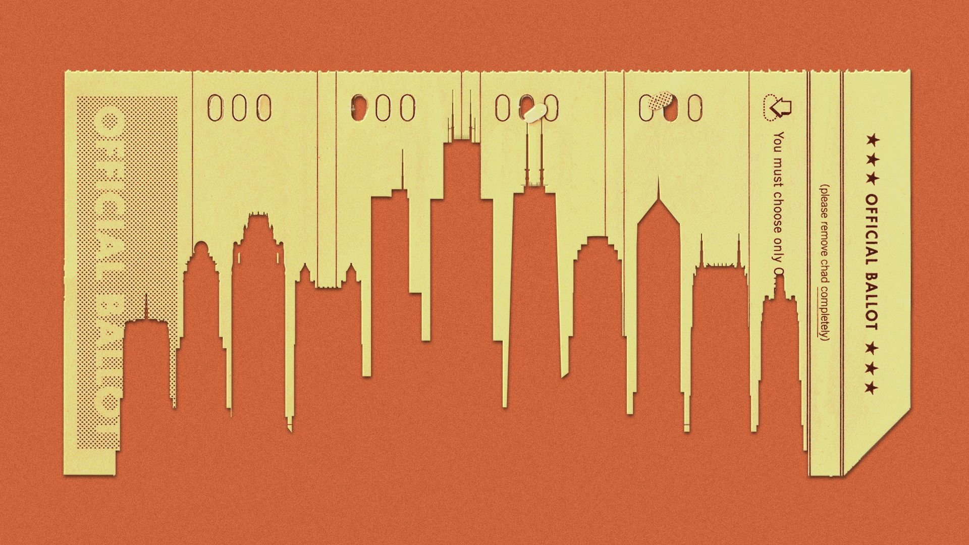 Illustration of the Chicago skyline cut out of a ballot.
