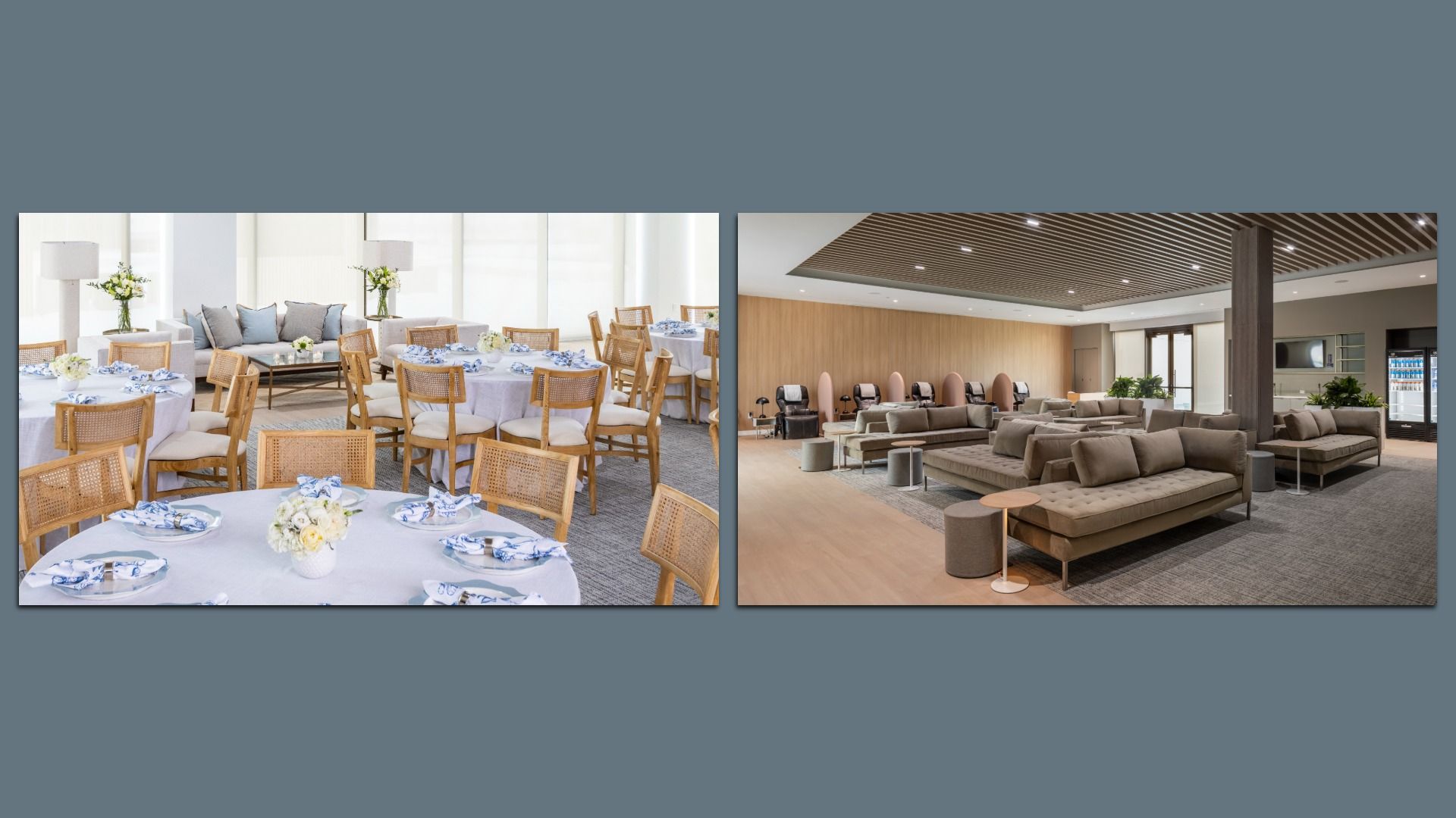 Two interior spaces: left a bright dining area with round tables set with white tablecloths, blue napkins, and wicker chairs; right a modern lounge with gray sofas, wood slat ceiling, and plants.