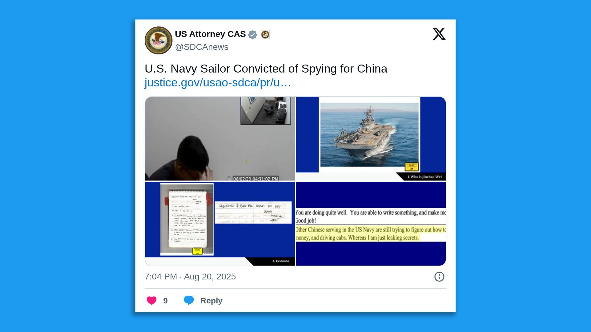 Tweet from US Attorney CAS about a U.S. Navy sailor convicted of spying for China, showing a man holding his head, an aircraft carrier, handwritten notes, and highlighted text about leaking secrets.