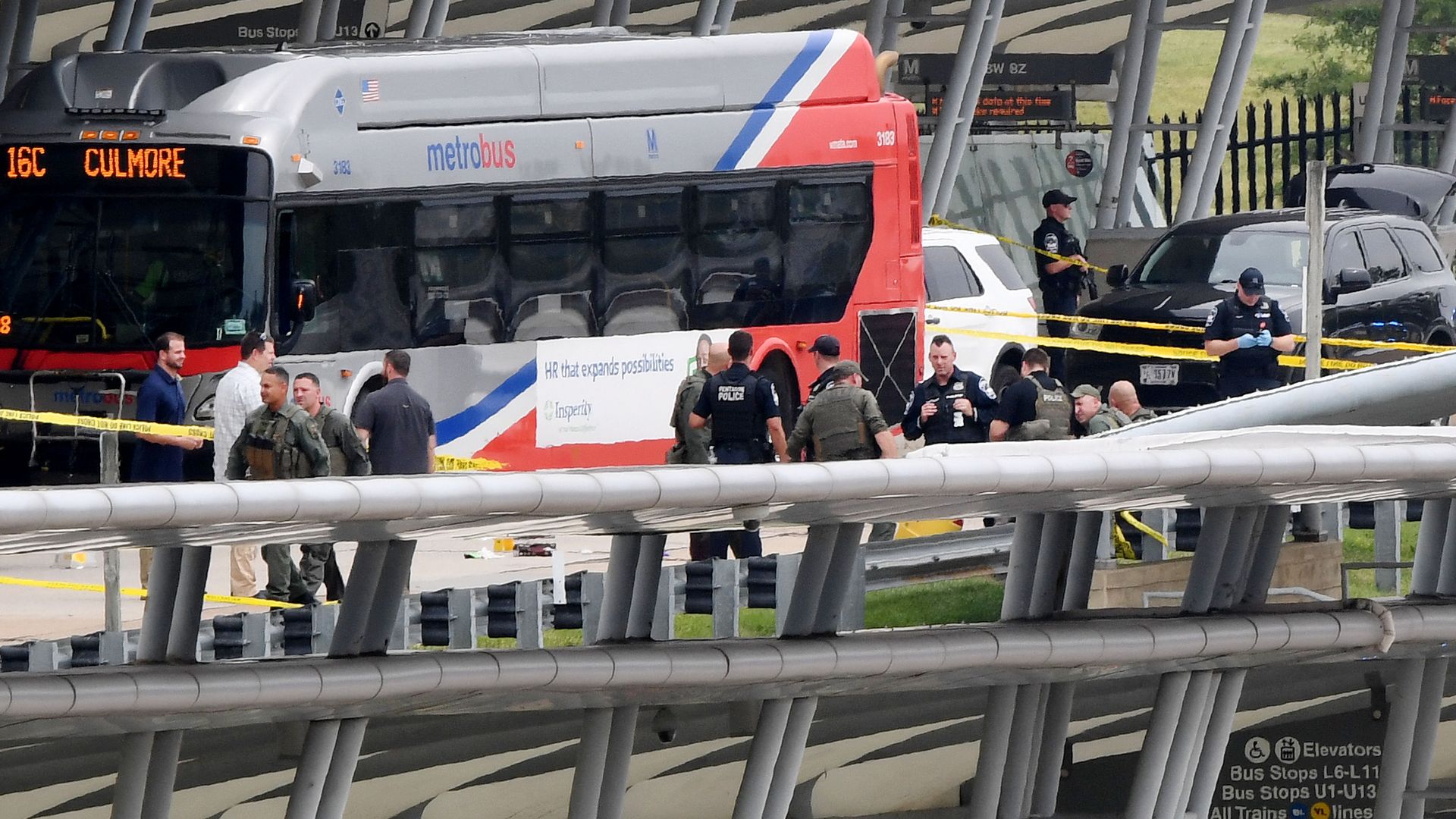 Law enforcement officers patrolling the Pentagon's transit station on August 3, 2021.