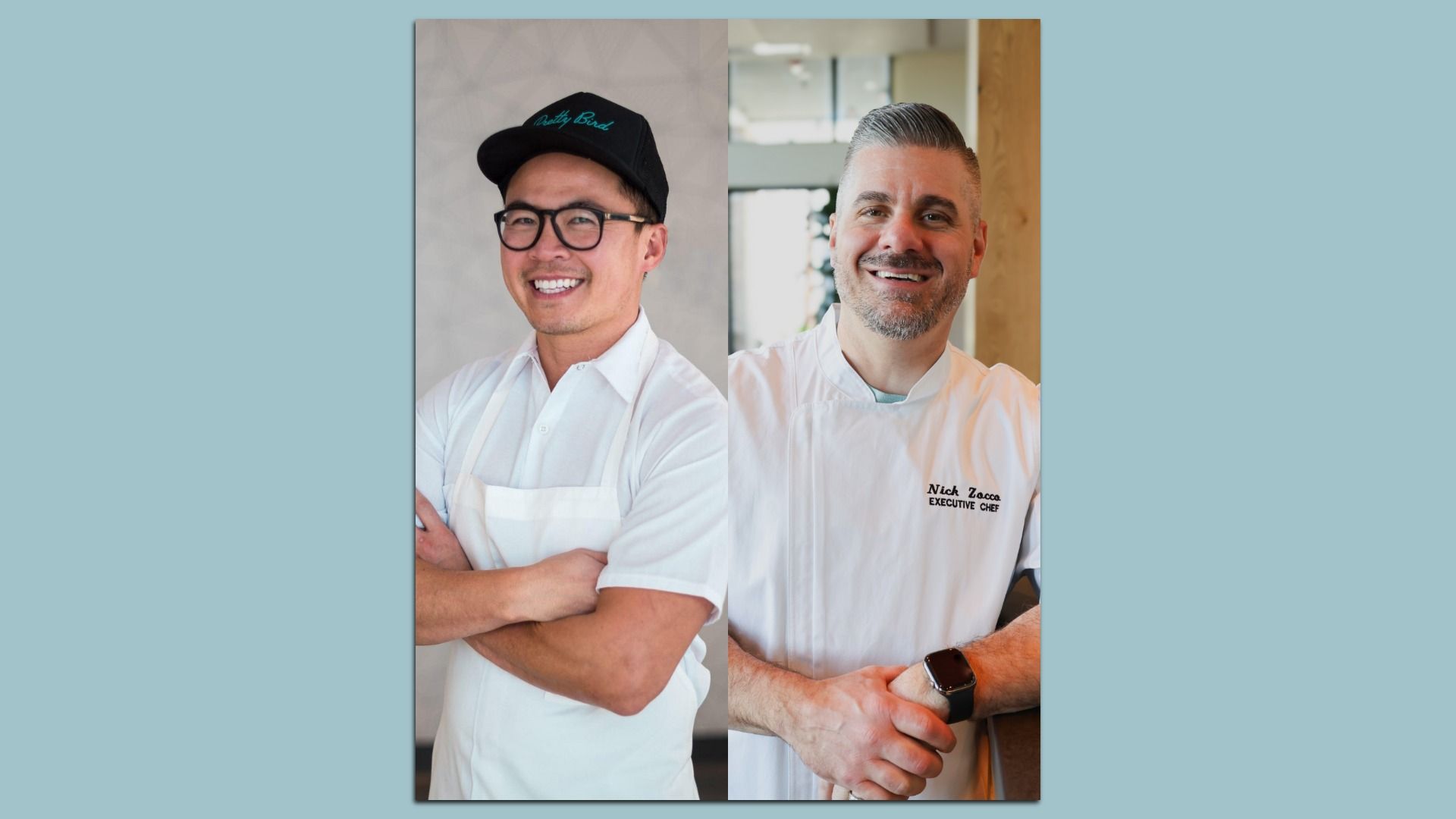 Two smiling chefs in white uniforms posed as a vertical split image: left man with black cap and glasses, right man with short gray hair and a beard in an embroidered chef coat. Blue-gray background.