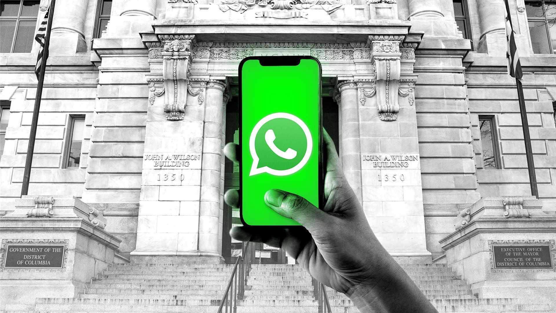 Illustration of a hand holding a smart phone with a WhatsApp logo on the screen, in front of the John A Wilson Building.