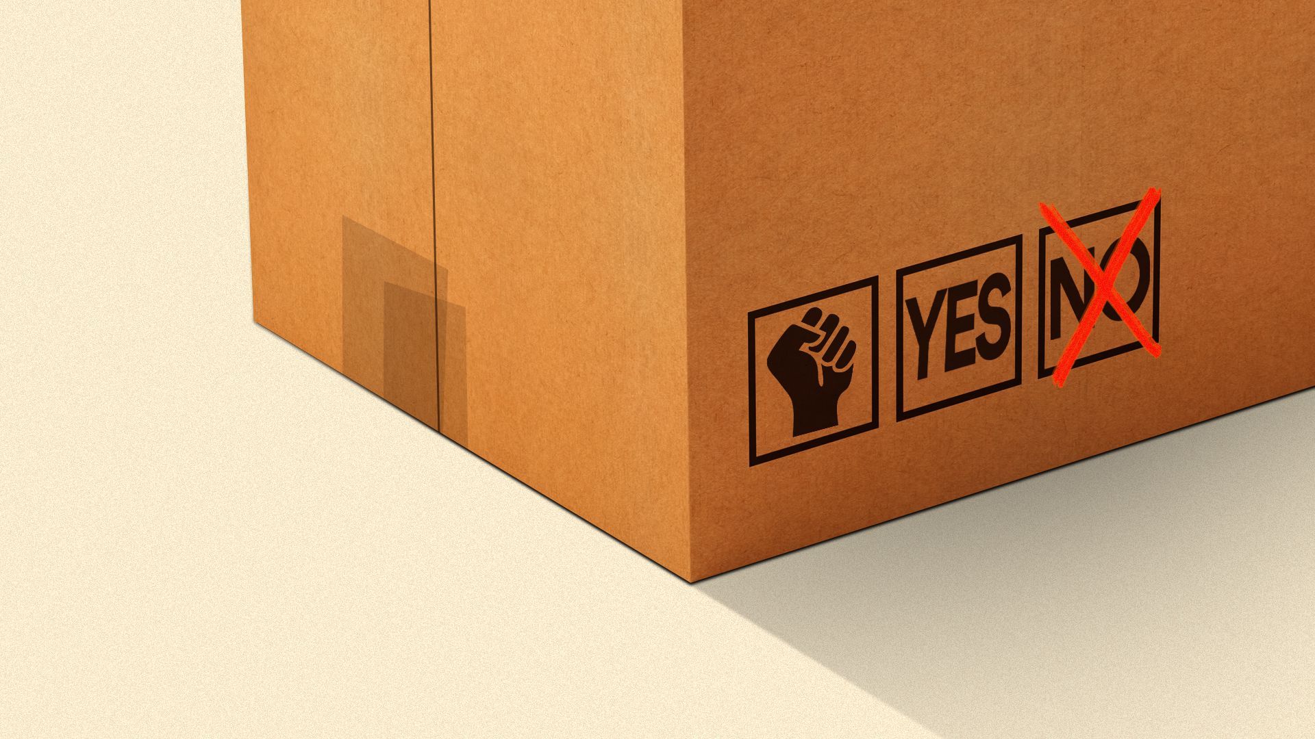 Illustration of a cardboard box with boxes containing a fist symbol and a yes and no, with an "x" over the no