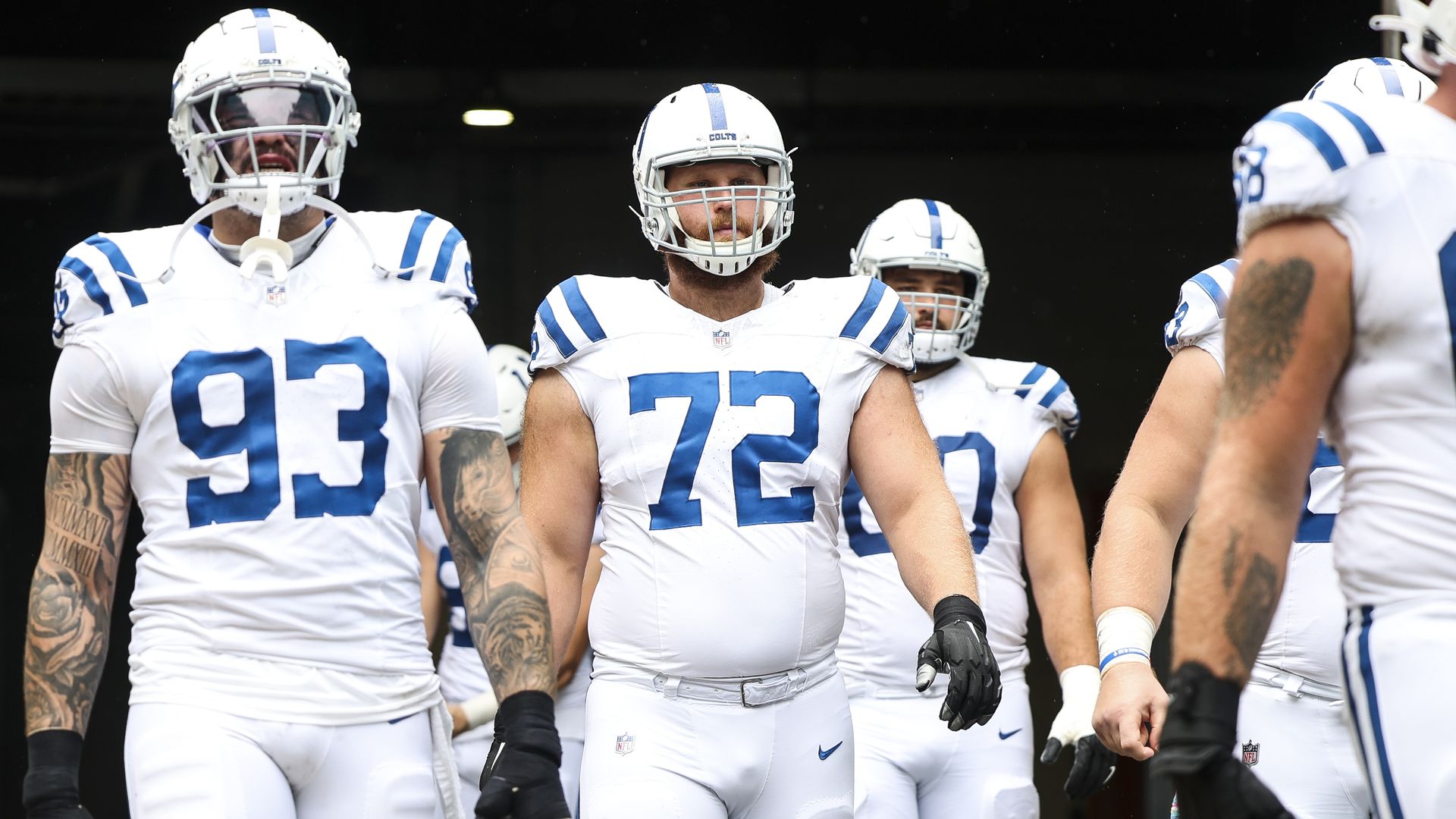 Braden Smith #72 of the Indianapolis Colts walks out of the tunnel prior to an NFL football game against the Jacksonville Jaguars at EverBank Stadium on October 6, 2024 in Jacksonville, Florida. 