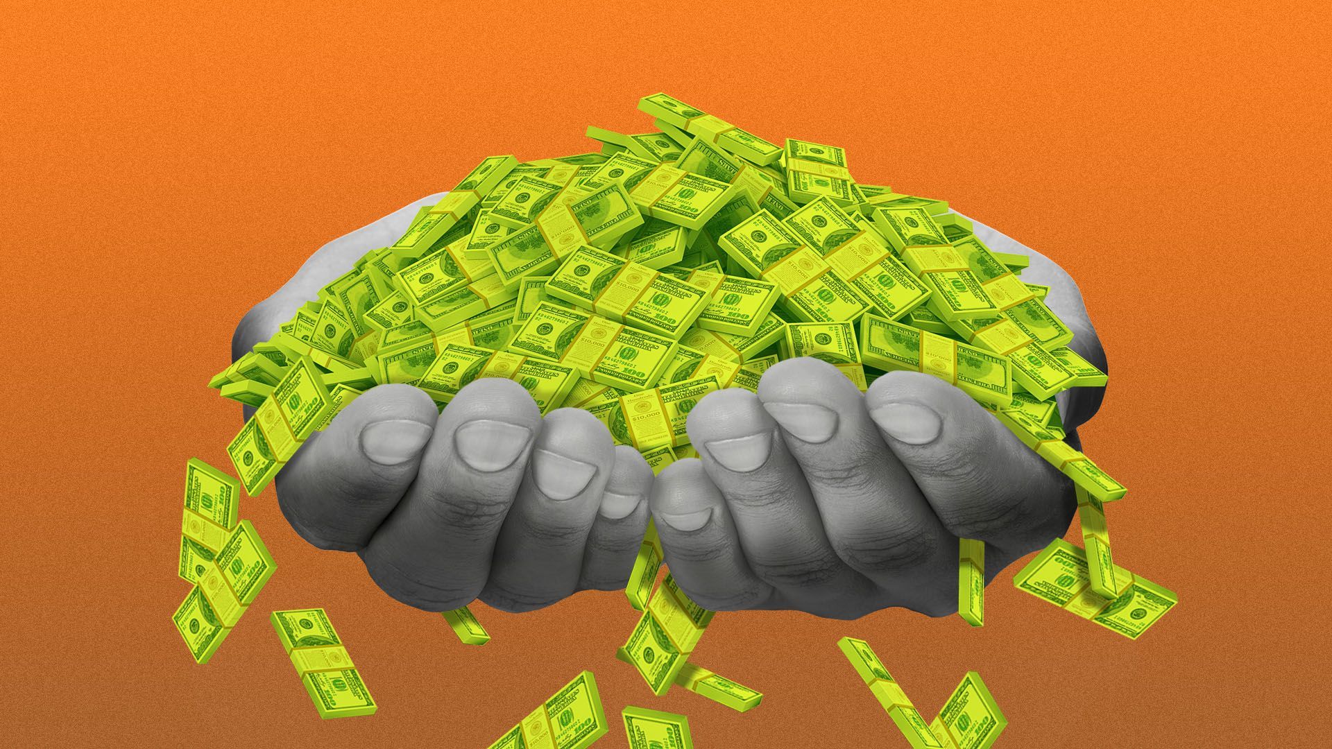 Illustration of a pair of cupped hands holding a pile of money, with some falling through