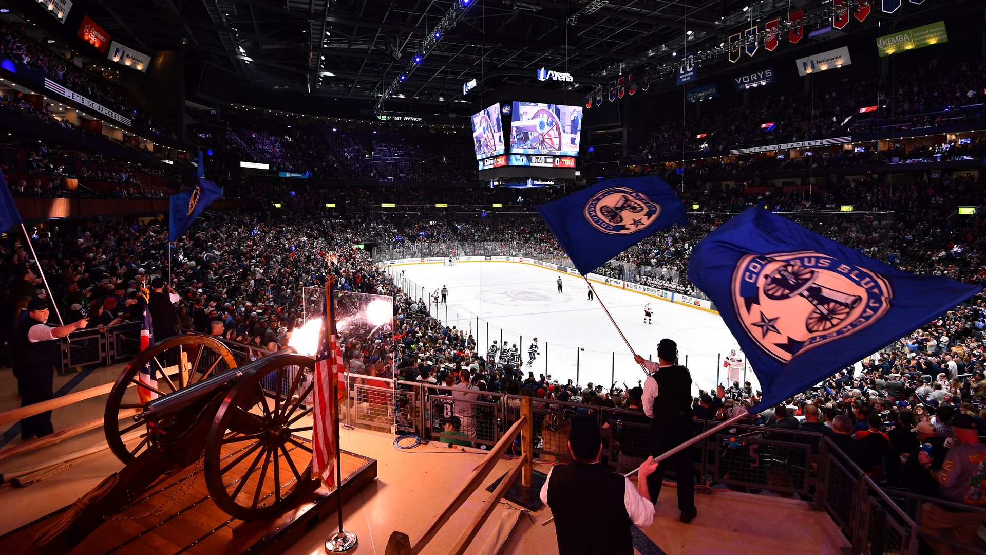 The canon goes off and fans celebrate around the rink at Nationwide Arena 