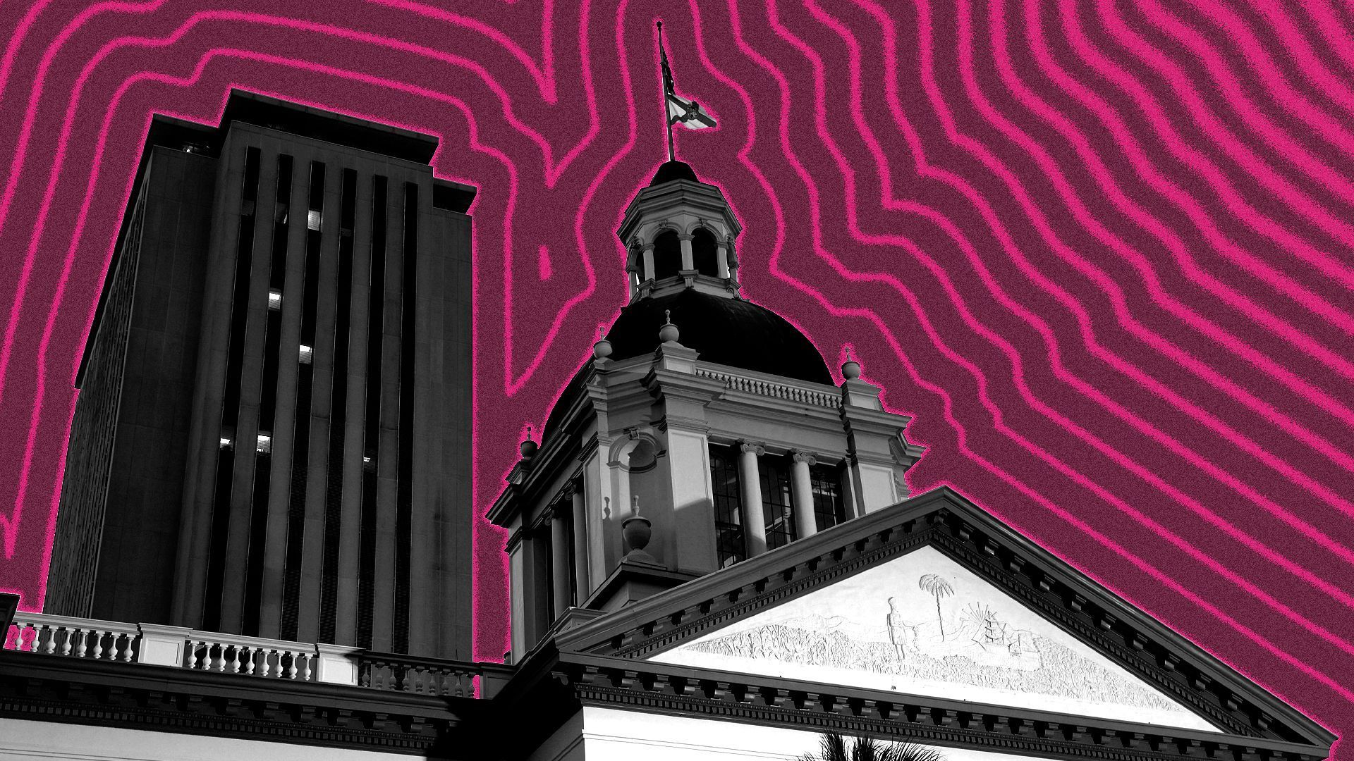 Photo illustration of the Florida State Capitol building with lines radiating from it.