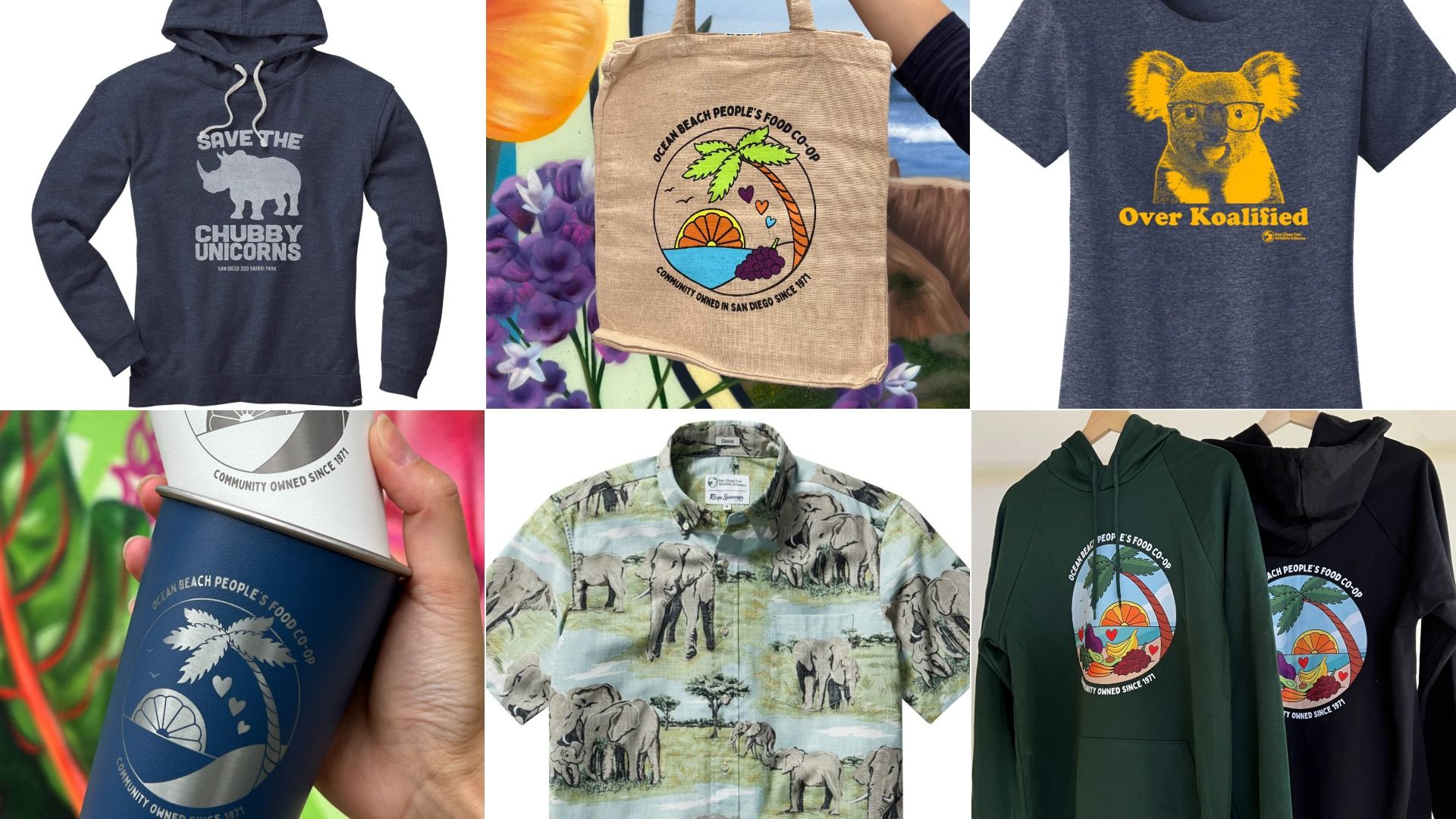 Six-item collage: navy hoodie with "Save the Chubby Unicorns" rhino; beige tote logo; tee "Over Koalified" koala; blue cup; pastel shirt with elephants; green hoodie palm logo.