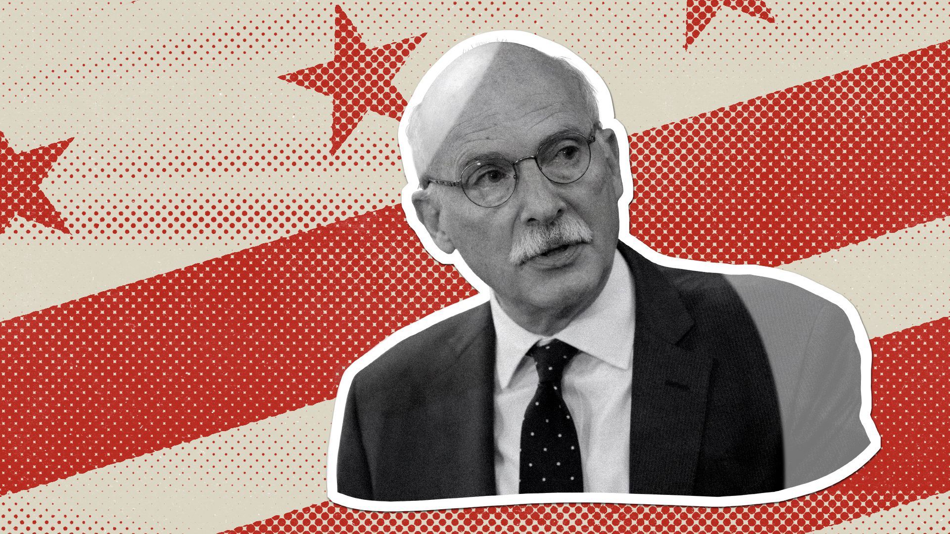 Photo illustration of Phil Mendelson as a sticker with the D.C. flag.