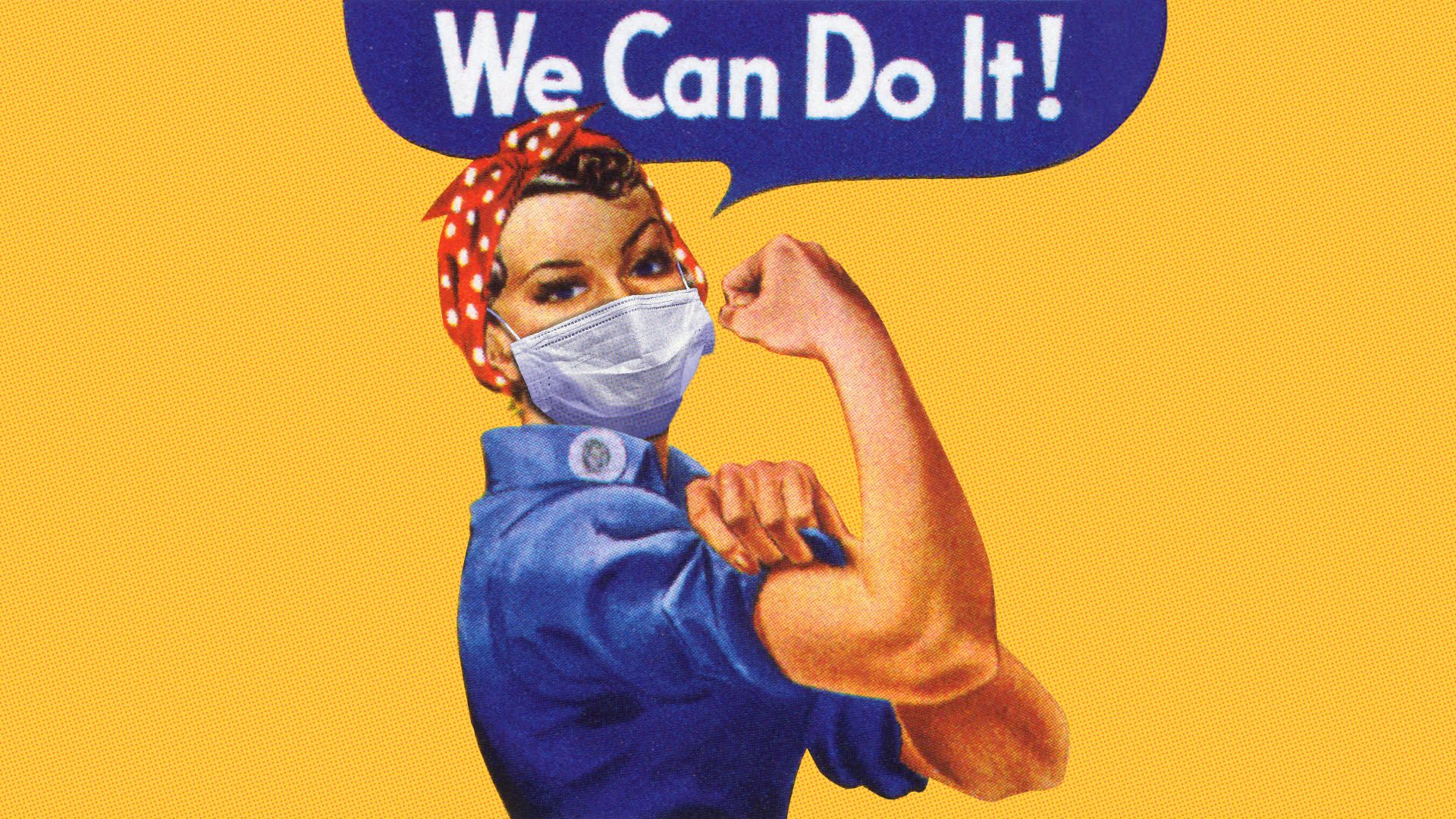 Illustration of the Rosie the Riveter poster wearing a medical mask.