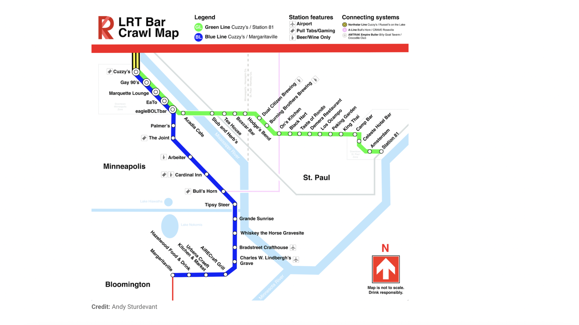A map showing the Green and Blue lines with bars near the stops