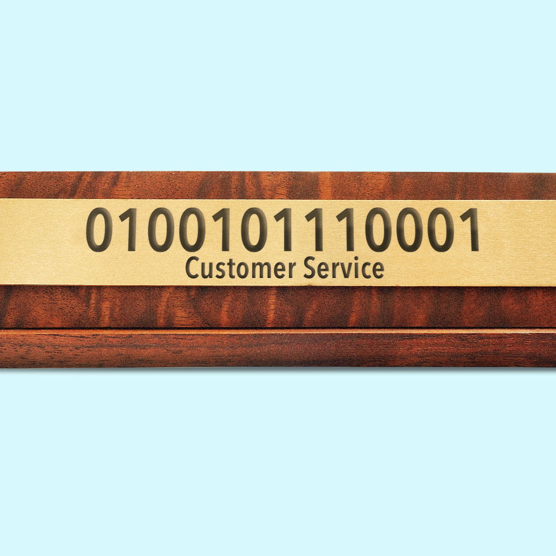 Illustration a nameplate in binary code with the words "customer service"