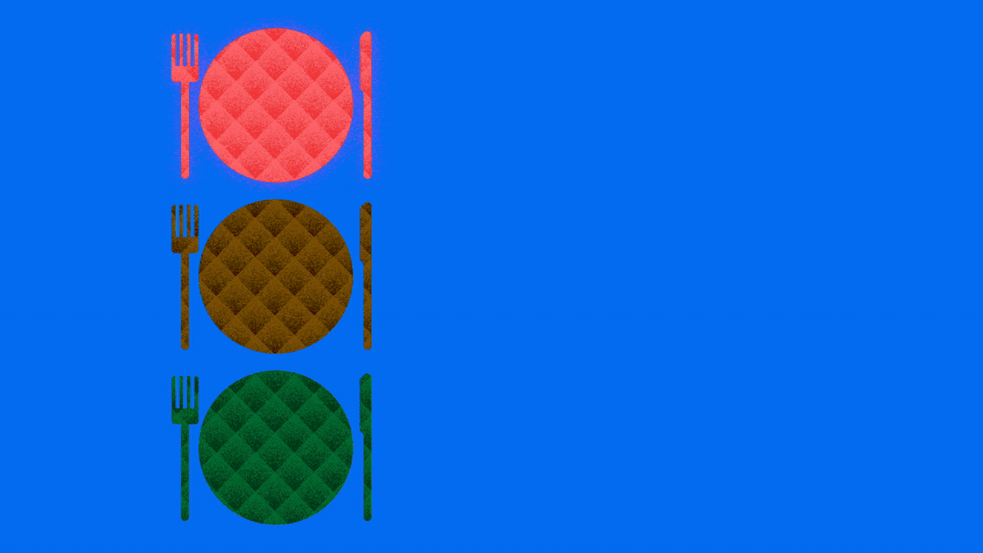 Illustration of a traffic light with place setting shaped lights. 